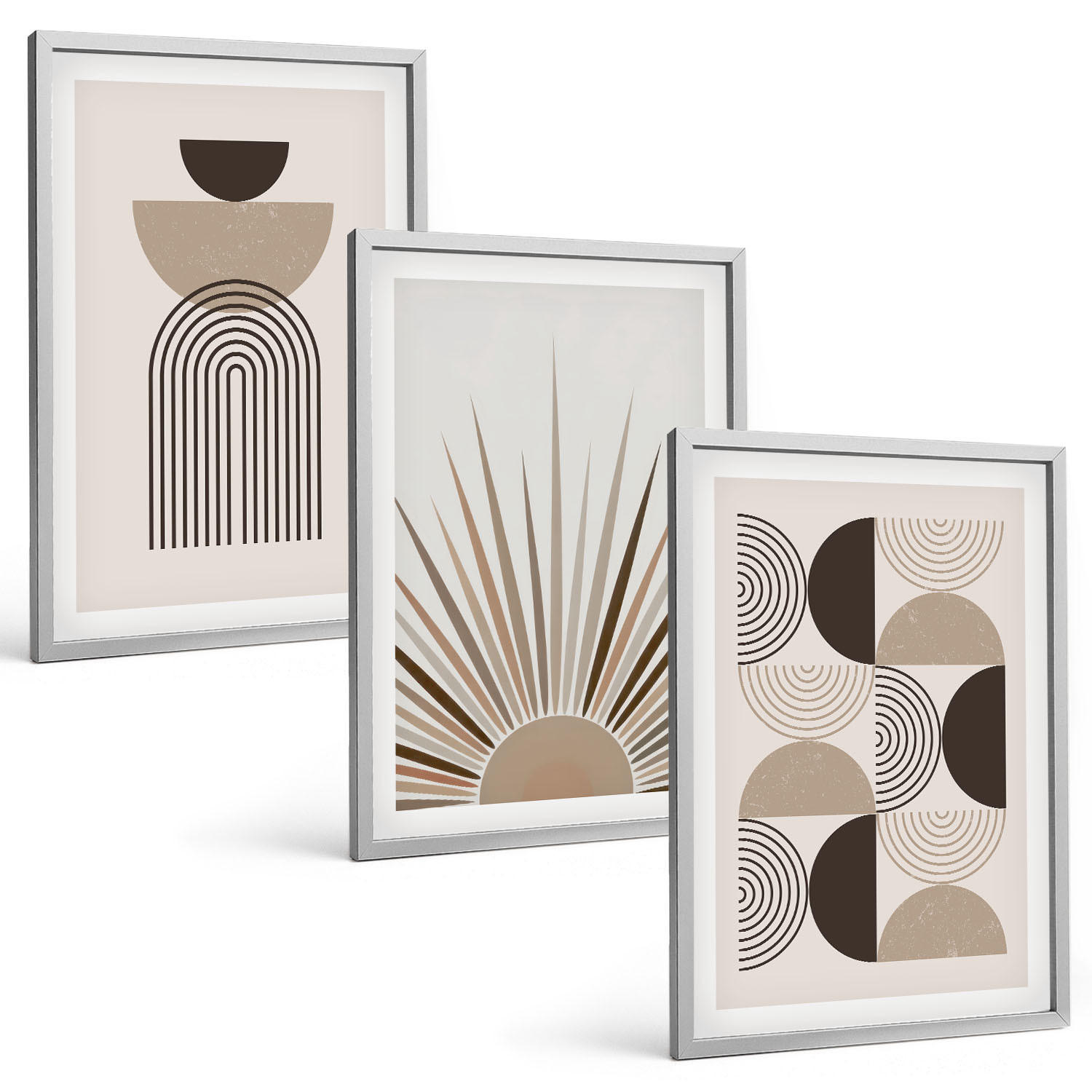 BILDER SET 3er Set - 40x60 cm Silberner Rahmen - Abstrakte Formen beige braun - Silberfarben, Kunststoff (40/60cm) - TULUP