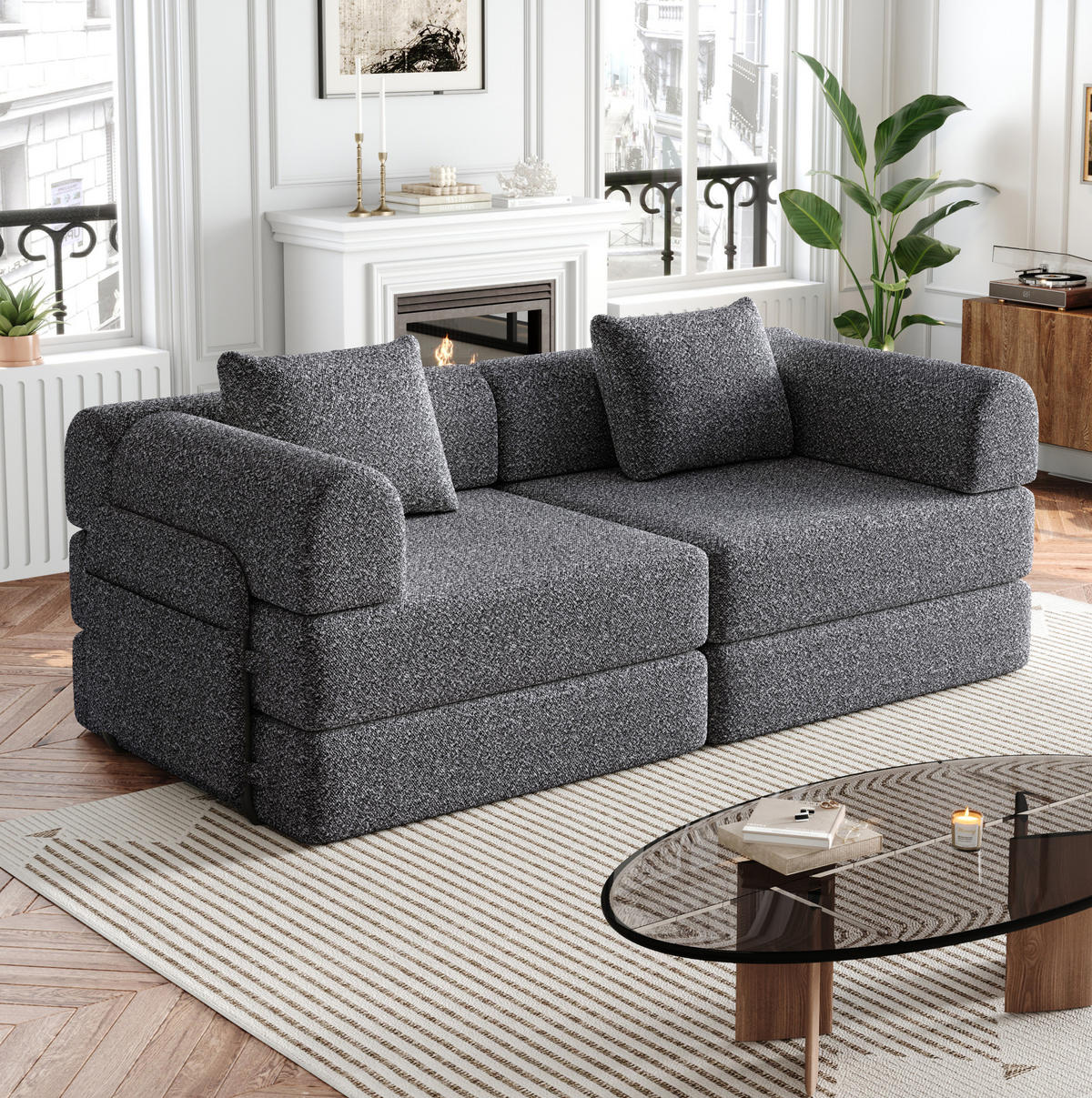 SCHLAFSOFA 2-in-1 mit Armlehnen-Ablagefach Chenille Grau 200/90/85 cm - Grau, Textil (181.6/49.5/94cm) - OKWISH
