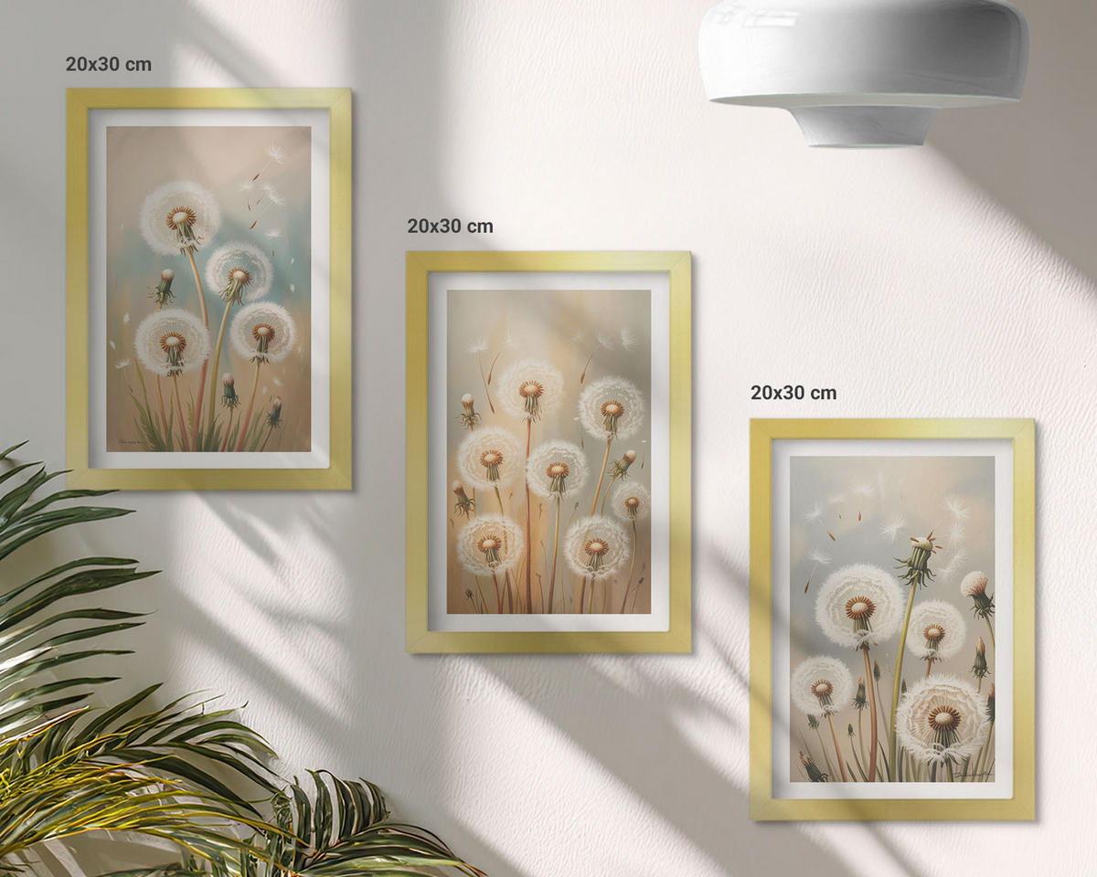 BILDER SET 3er Set - 20x30 cm Goldrahmen - Pastellfarbene Löwenzahnblüten - Goldfarben, Kunststoff (20/30cm) - TULUP