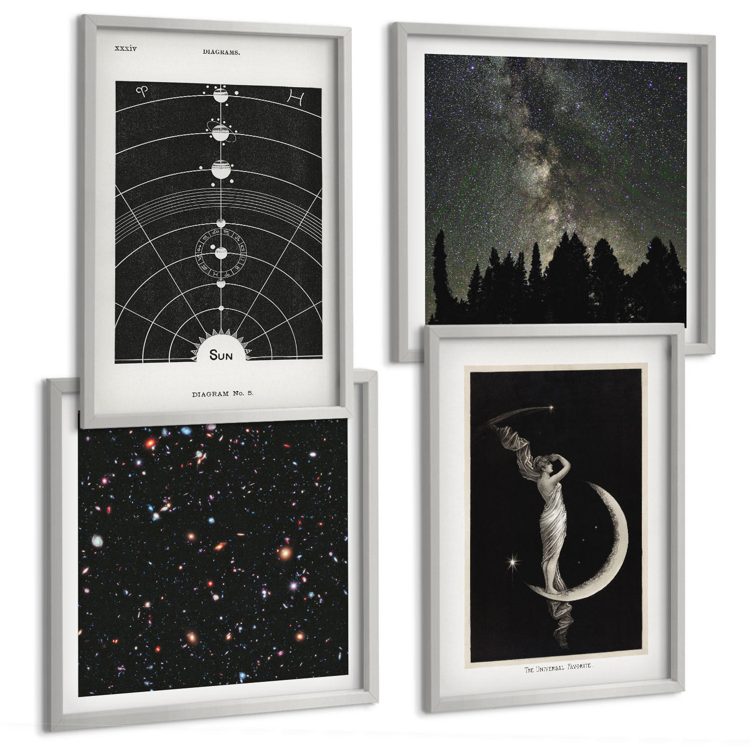 BILDER SET 4er Set - 50x50 cm & 40x60 cm Silberner Rahmen - Galaxie im Sonnensystem - Silberfarben, Kunststoff (50/50cm) - TULUP