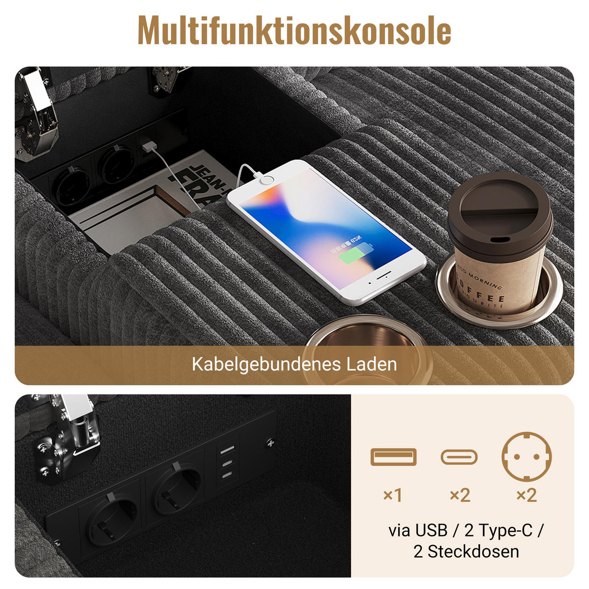 SOFA Grau U-Form Cord Stauraum USB Hocker 315cm Schlaffunktion - Grau, Textil (135/81/315cm) - FLIEKS