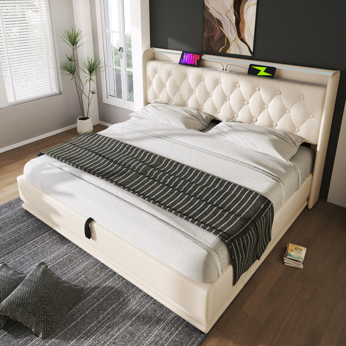POLSTERBETT mit LED und Stauraum 160x200 cm PU Weiß - Weiß, Metall (160/200cm) - Meubliv