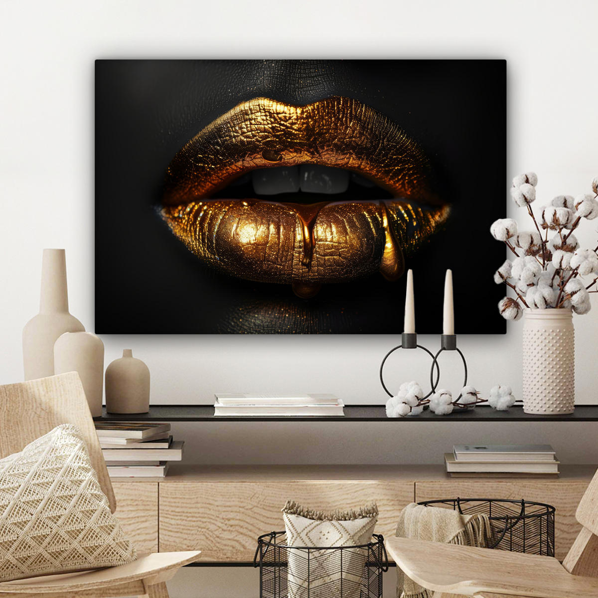 LEINWANDBILD Frau - Porträt - Lippen - Gold - Schwarz Wanddeko 90x60 cm - Schwarz, Textil (90/60cm) - MuchoWow