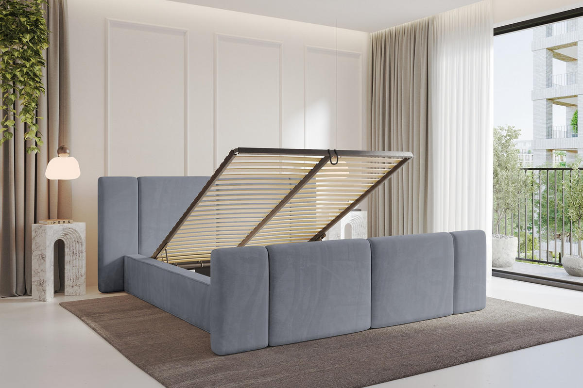 POLSTERBETT mit Bettkasten, Fußteil und Lattenrost, Bett mit Matratze H3/H4 - RIVO-Z 180x200 Grau - Grau, Holzwerkstoff/Textil (180/200cm) - ALTDECOR