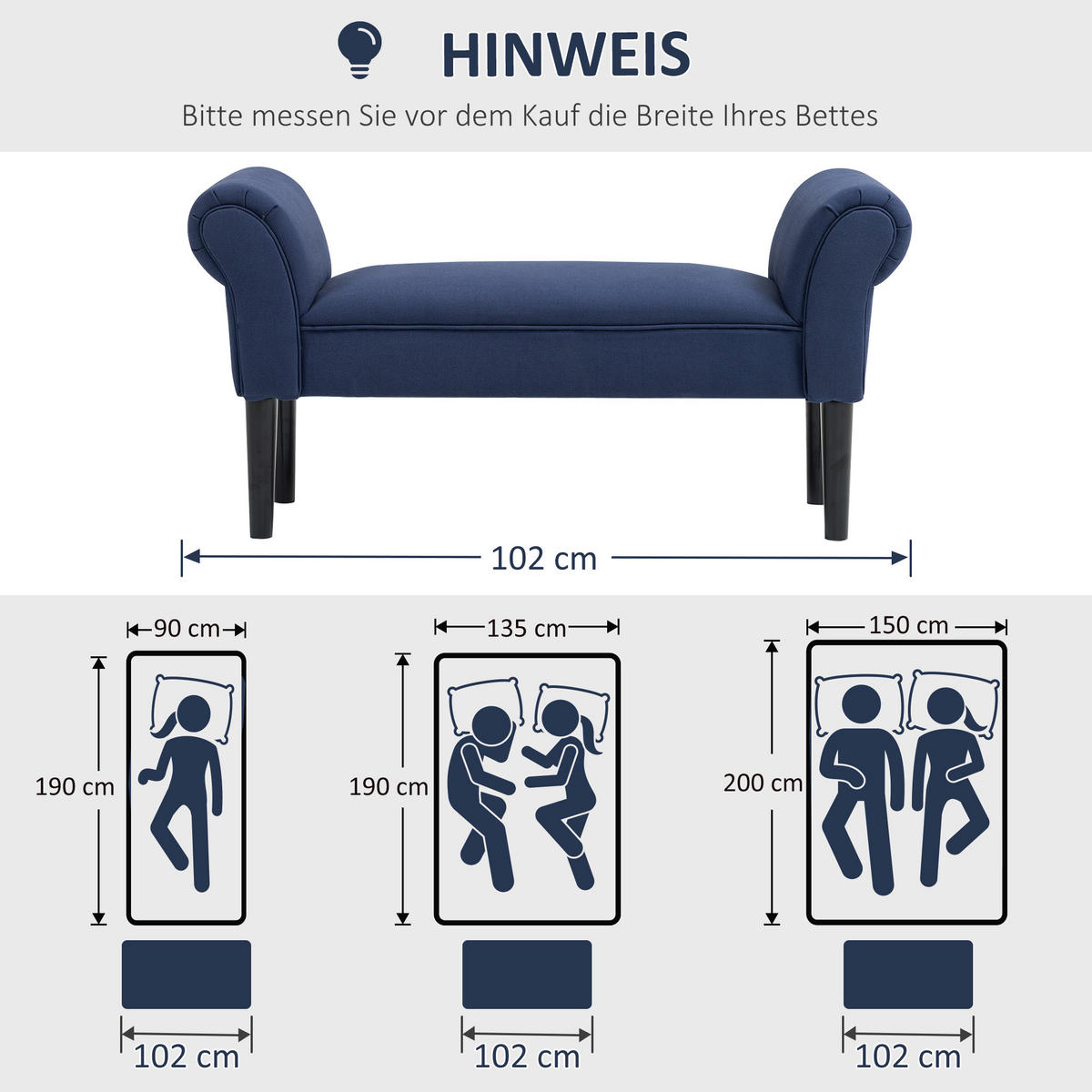 BETTBANK, Polsterbank, Sitzbank, Flurbank für Schlafzimmer, bis 130 kg Blau - Blau, Kunststoff (36/51/102cm) - HOMCOM