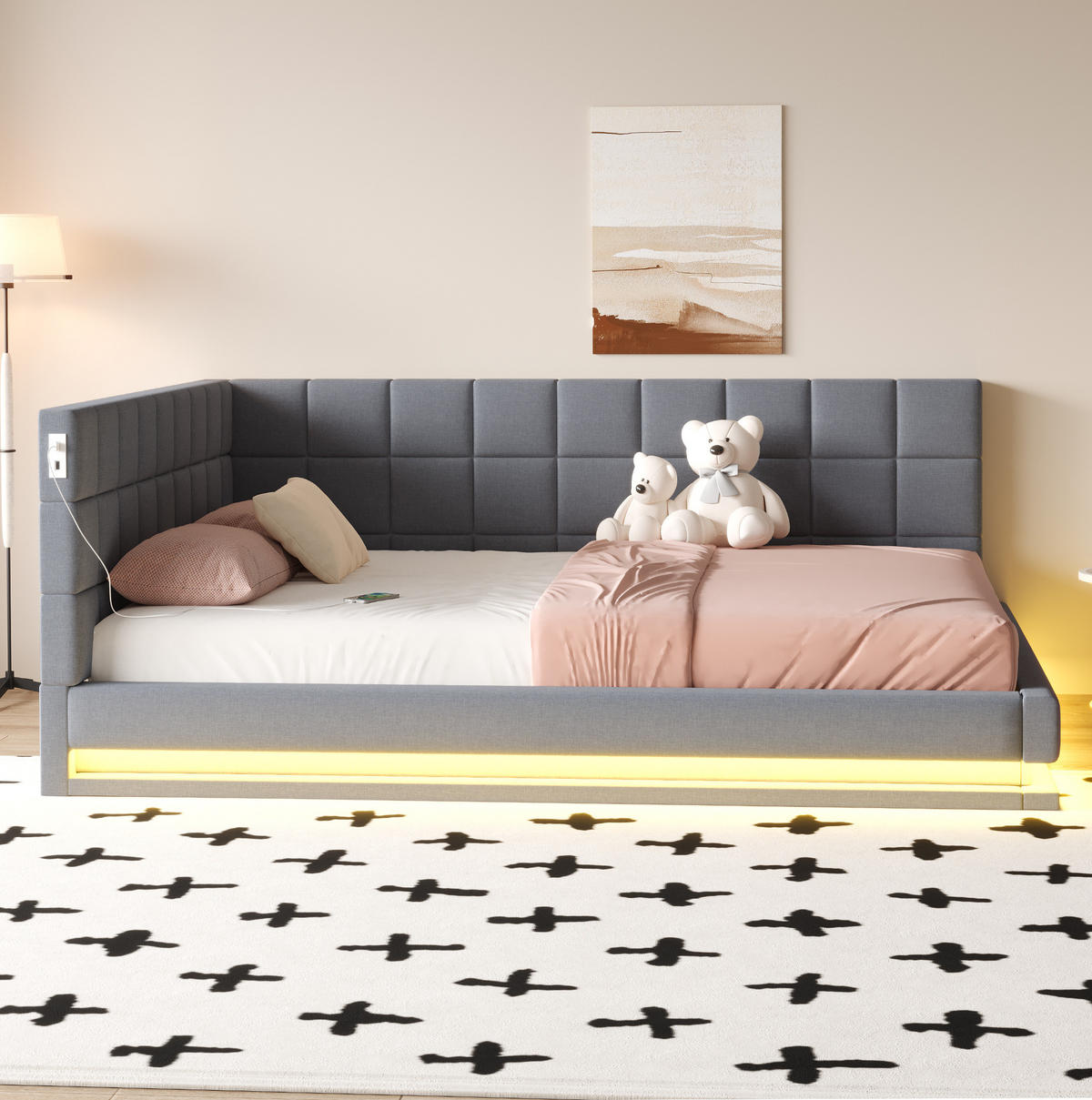 POLSTERBETT mit LED-Beleuchtung 160/200 cm mit USB und Lattenrost in Grau - Grau, Textil (160/200cm) - BEAOK