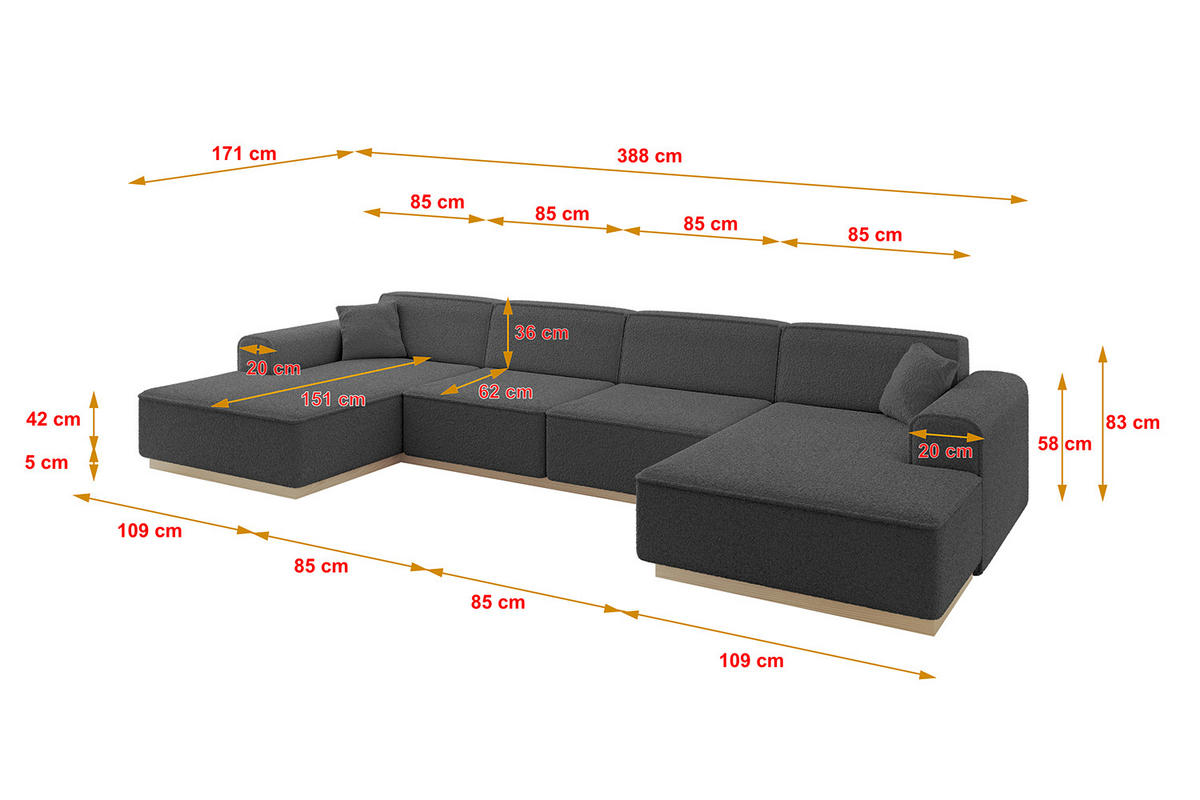 WOHNLANDSCHAFT IREA-U2 - 388x171x83 cm Grau - Anthrazit/Olivgrün, Holzwerkstoff/Textil (388/83/171cm) - ALTDECOR