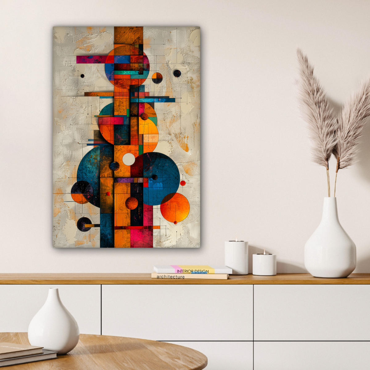 OBRAZ NA PLÁTNE Vintage - Moderné umenie - Oranžová - Geometrické tvary 60x90 cm - viacfarebná, textil (60/90cm) - MuchoWow
