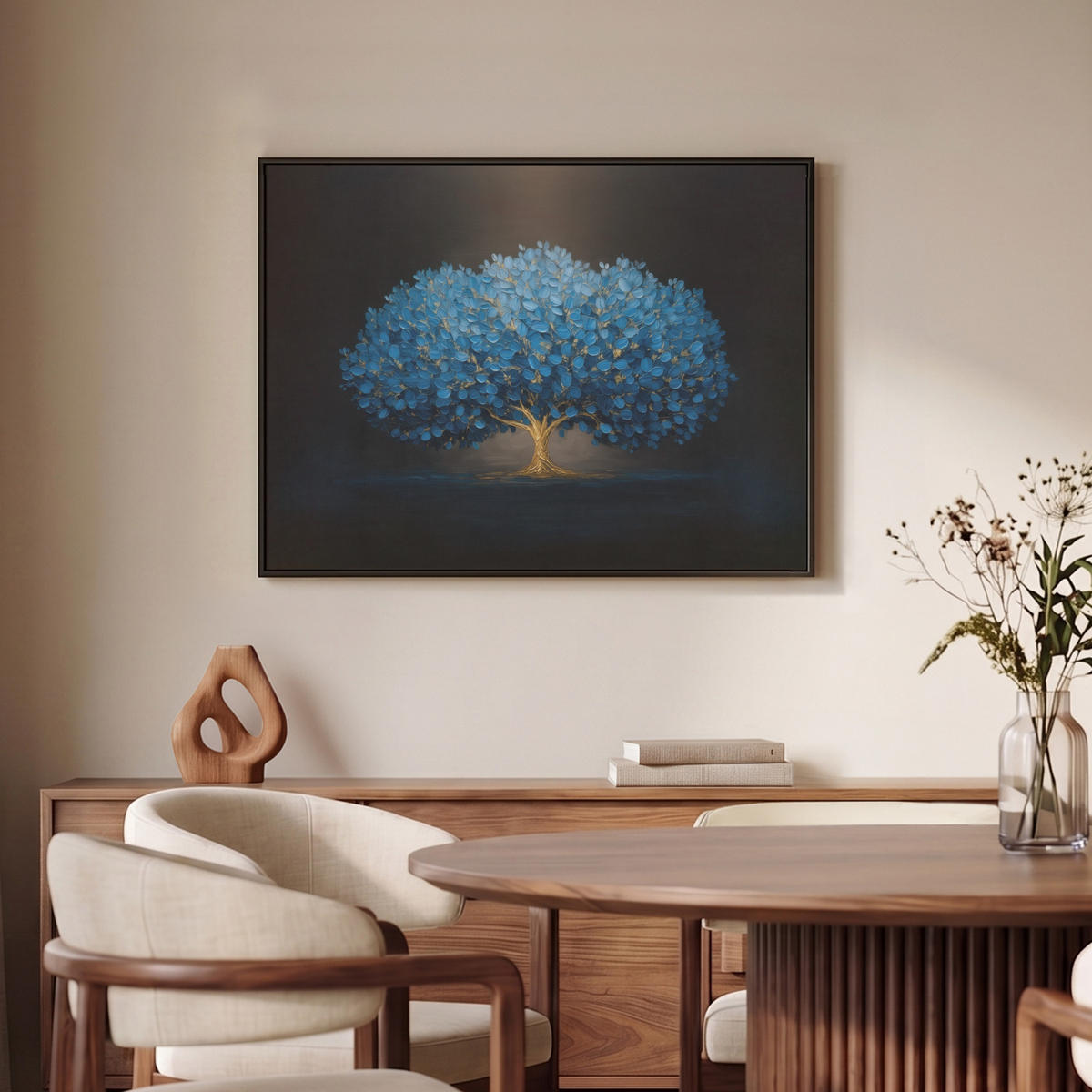 LEINWAND Bilder mit Rahmen - Baum - Blau - Blätter - Pinselstriche - 70x50 - Blau, Textil (70/50cm) - MuchoWow