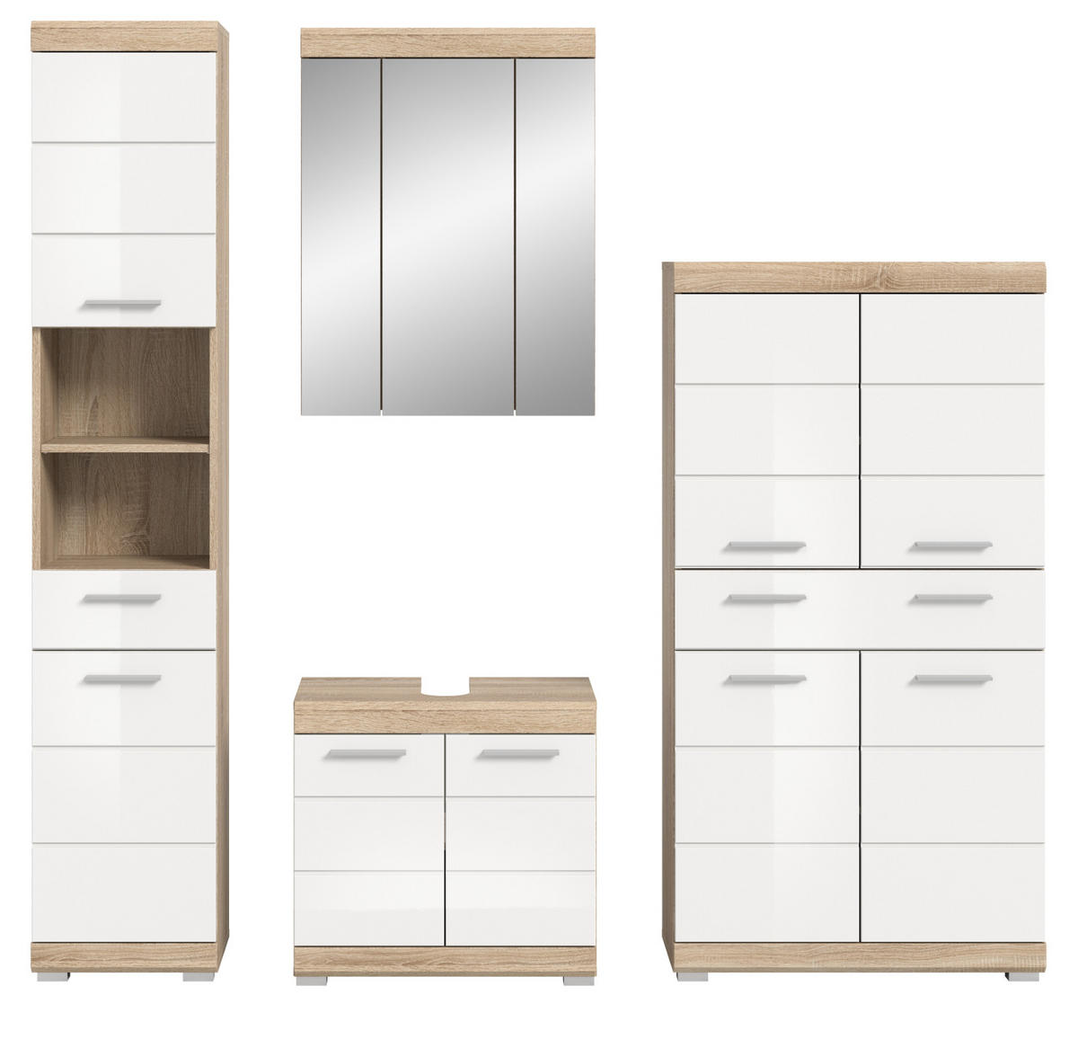 BADMÖBEL-SET weiß Hochglanz, Eiche 4-teilig 186 cm, viel Stauraum - Weiß Hochglanz/Eichefarben, Holzwerkstoff (186/191/34cm) - Inn.Furn
