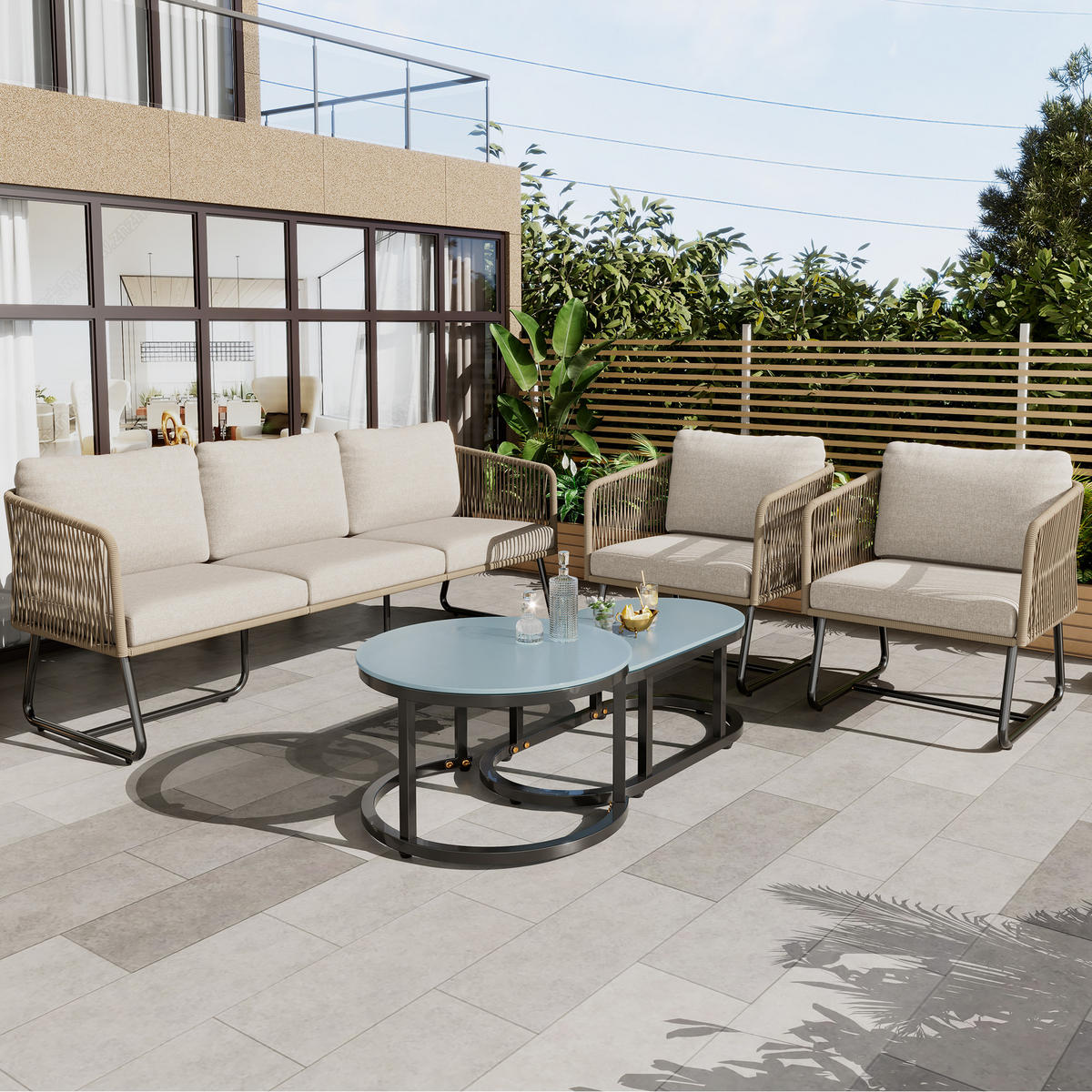 LOUNGESET 5er Seil Beige Mit Verstellbaren Füßen & Glastisch - Beige, Metall - FLIEKS