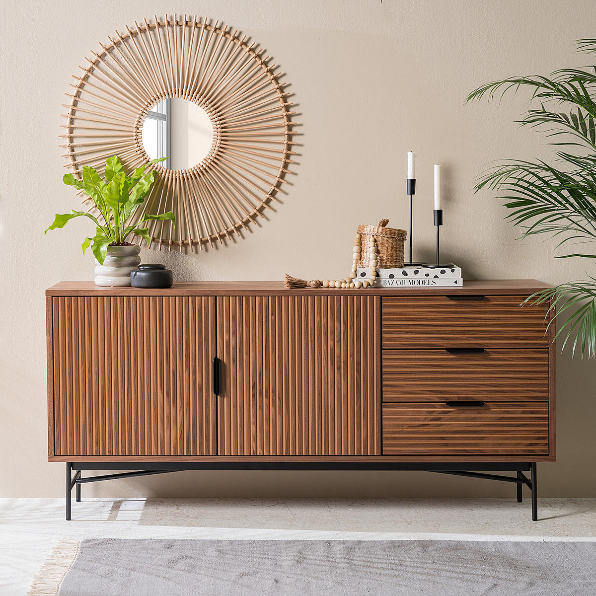SIDEBOARD - MDF / Metall - Walnussfarben/Schwarz, Holzwerkstoff/Metall (160/75/40cm) - home24