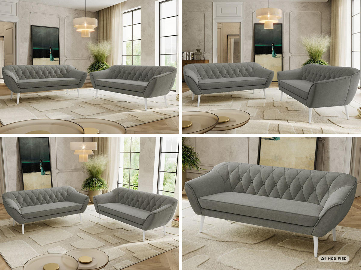 SEDACÍ SOUPRAVA PIRS 3+3 - Šedá Strukturovaná látka - Bílé nohy - šedá/bílá, kompozitní dřevo/textil (180/75/74cm) - MKS