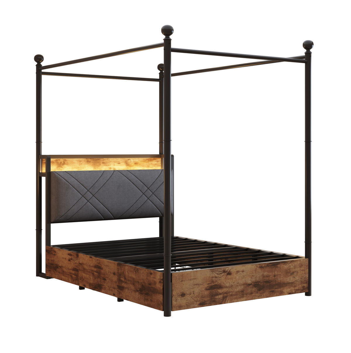 KOVOVÁ postel 90/190 cm s odnímatelným baldachýnem, LED osvětlením, USB a USB-C porty a úložným prostorem, Černá - černá, kov (90/190cm) - Redom