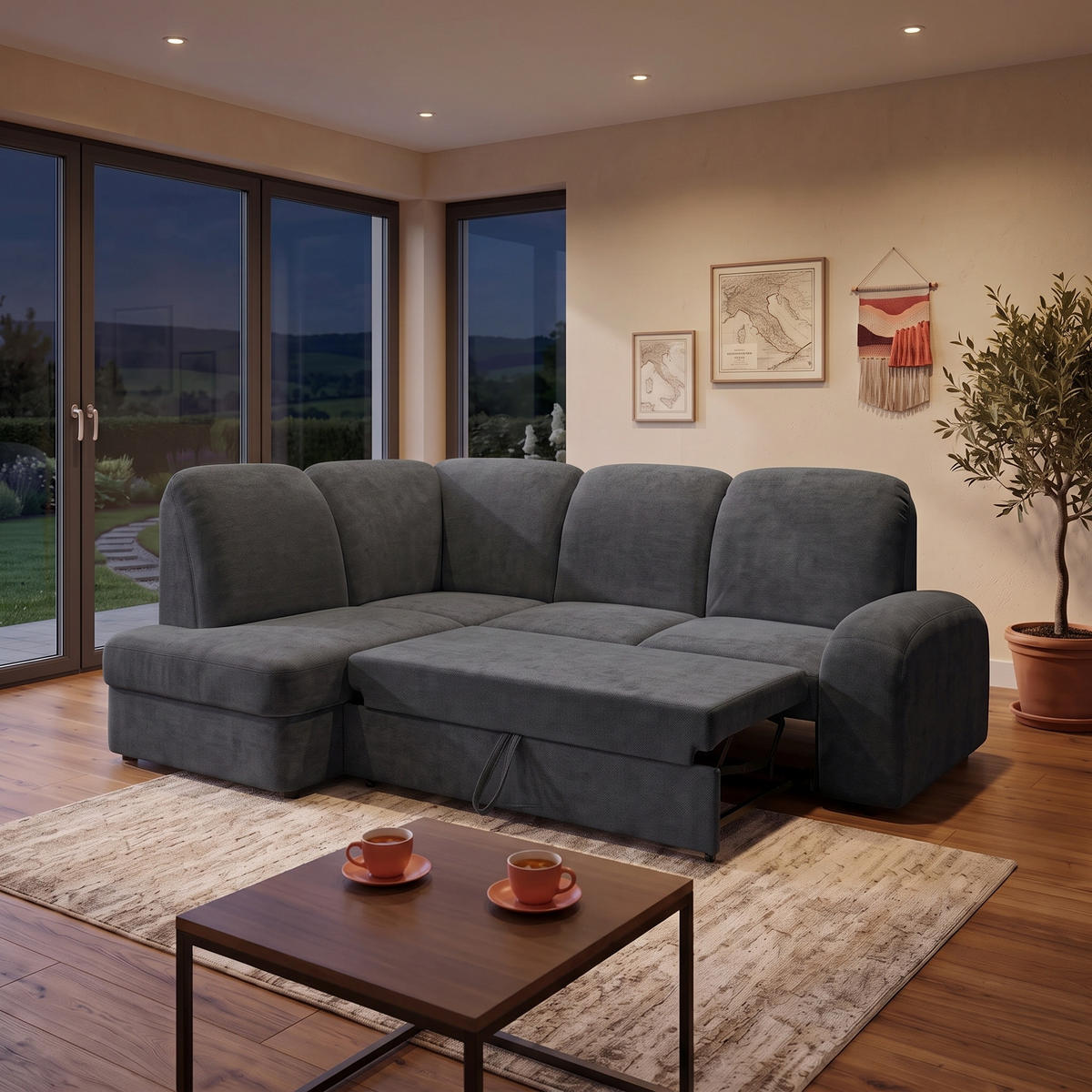 ECKSOFA VIBE L Links mit Schlaffunktion 129x205 Chenille Anthrazit - Anthrazit/Schwarz, Holz/Kunststoff (186/250cm) - Muffo