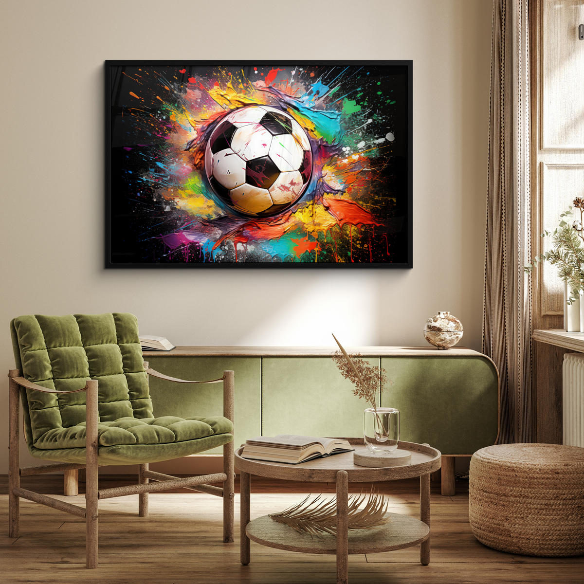 POSTER MIT RAHMEN Fußball - Farbe - Farben - Schwarz - Weiß 120x80 cm - Weiß, Papier (120/80cm) - MuchoWow