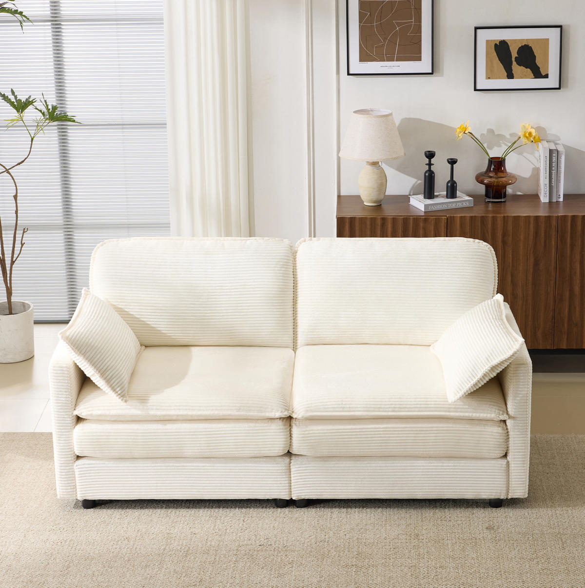 SOFA 2-Sitzer Kord Weiß Holzgestell - Weiß, Holzwerkstoff (167.5/85/75cm) - Meubliv