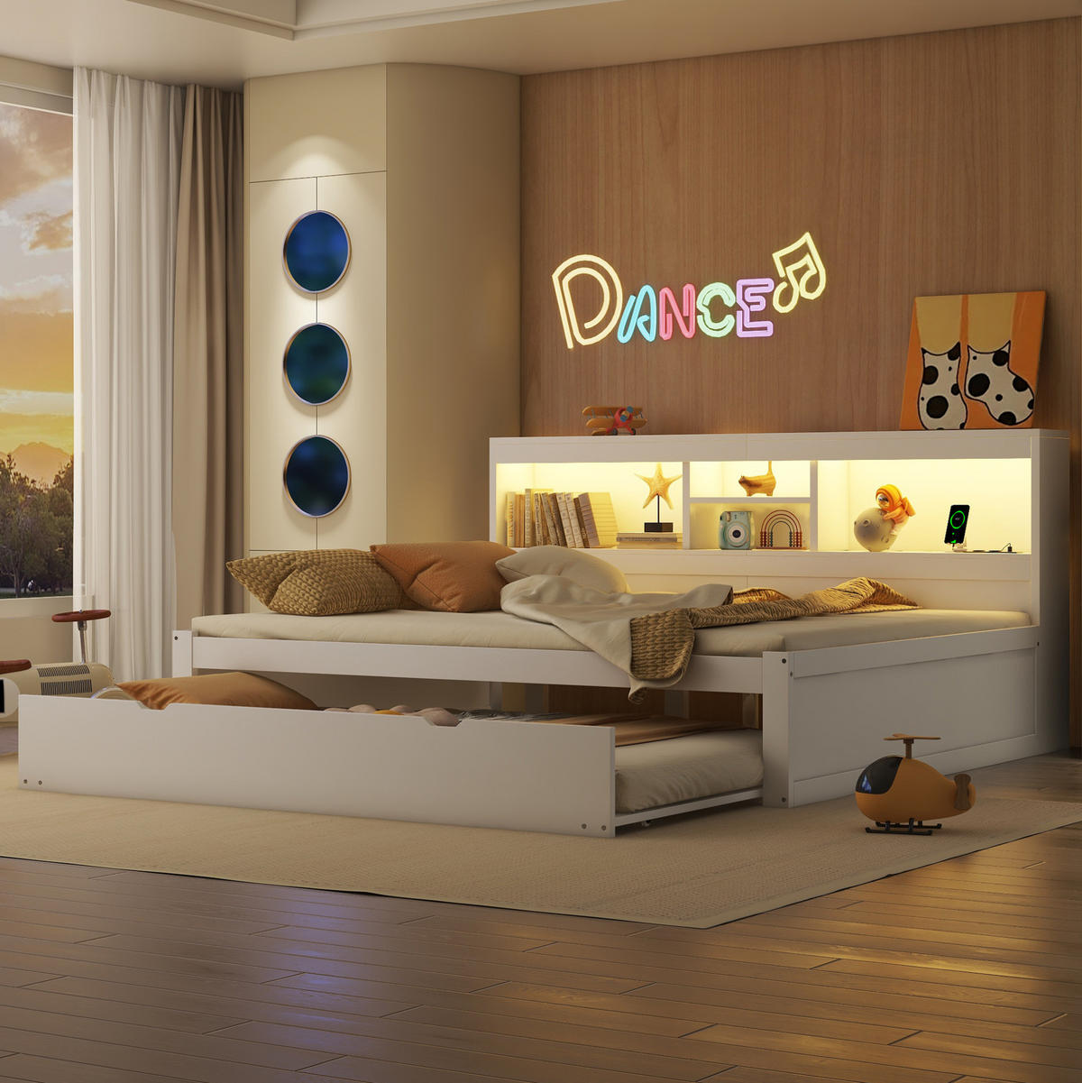 MULTIFUNKTIONSBETT 140/200 cm Weiß mit Ambiente-Beleuchtung und Stauraum - Weiß, Holzwerkstoff (140/200cm) - OKWISH