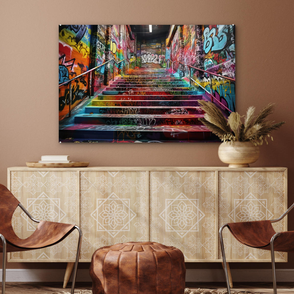 ACRYLGLASBILD Treppe - Graffiti - Farben - Kunst 90x60 cm - Multicolor, Glas (90/60cm) - MuchoWow