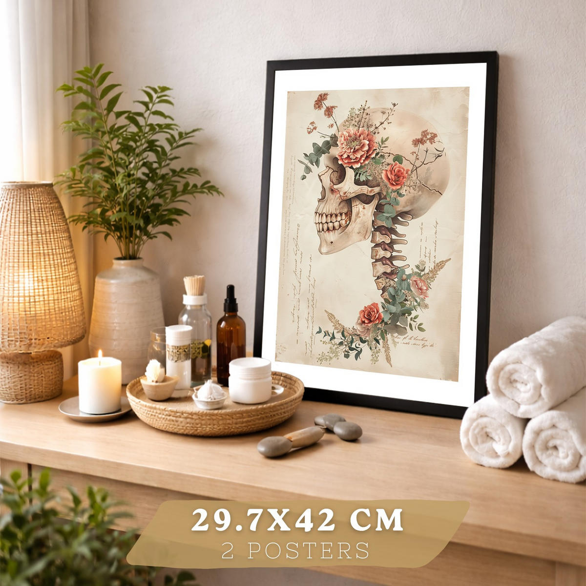 POSTER Set aus 2 Anatomie Mensch Drucke und Wandbilder mit Skelett Schädel Wirbelsäule Rippen Becken Klassischer Stil Größe Schwarzer Rahmen A3 - Schwarz, Papier (29.7/42/3cm) - Nacnic