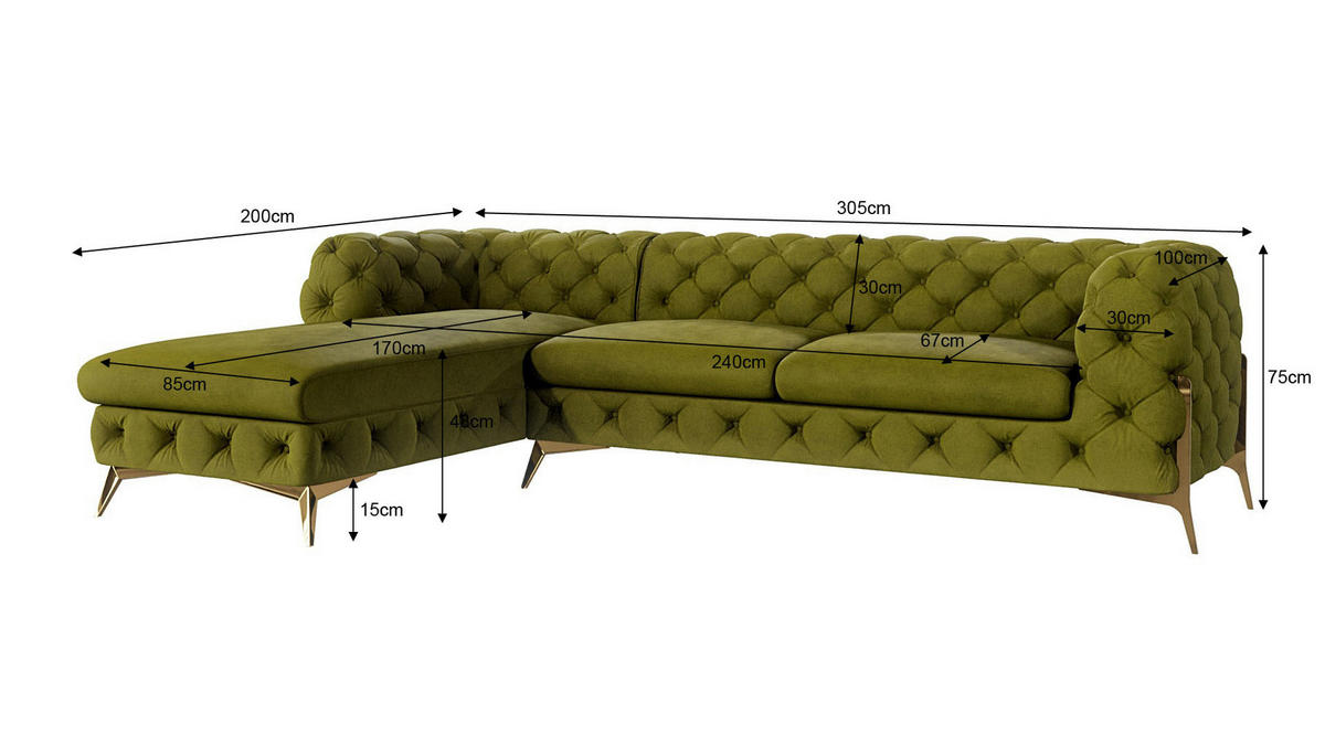 ECKSOFA Chesterfield Lexi Olive Samt, Ottomane links - Goldfarben/Olivgrün, Holz/Textil (305/200cm) - S-Style Möbel