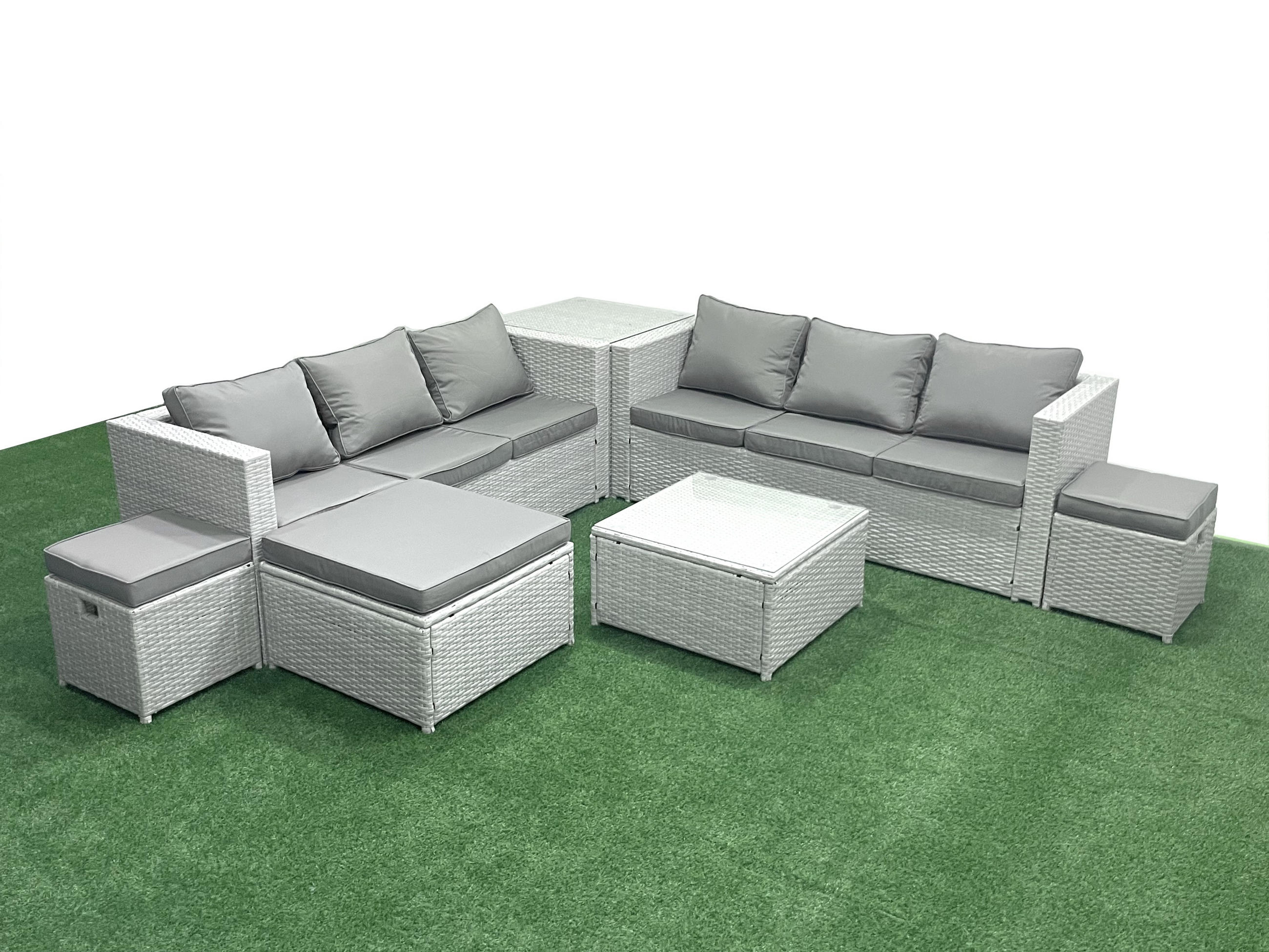 GARTENMÖBEL-SET mit Kissen Polyrattan Hellgrau-Mix 9-Sitzer - Hellgrau/Grau, Glas/Kunststoff - Fimous