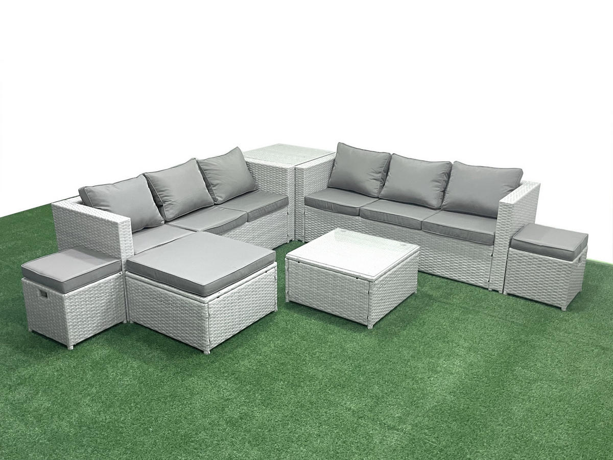 GARTENMÖBEL-SET mit Kissen Polyrattan Hellgrau-Mix 9-Sitzer - Hellgrau/Grau, Glas/Kunststoff - Fimous