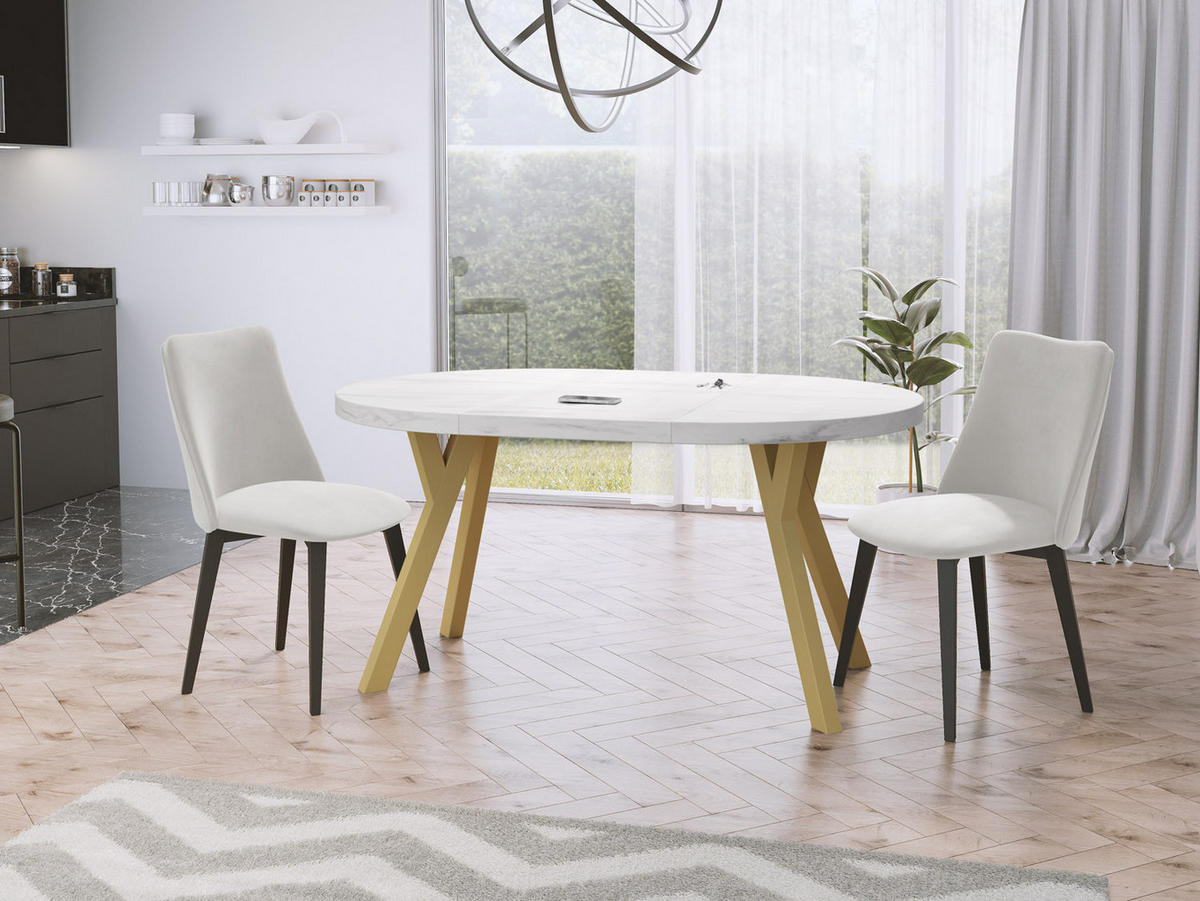 ESSTISCH Mateo runder ausziehbarer, Marmor Weiß 100-200/100/76 cm - Ecru/Goldfarben, Holz/Holzwerkstoff (100/100/76cm) - WFL GROUP