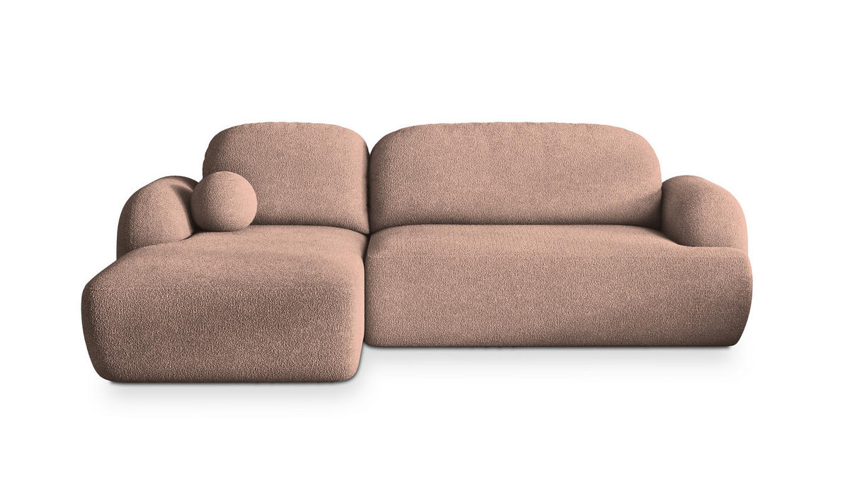 ECKSOFA MODENZA N L-S Rosa Boucle-Stoff mit Schlaffunktion - Rosa, Holz (266/148cm) - MASSENO