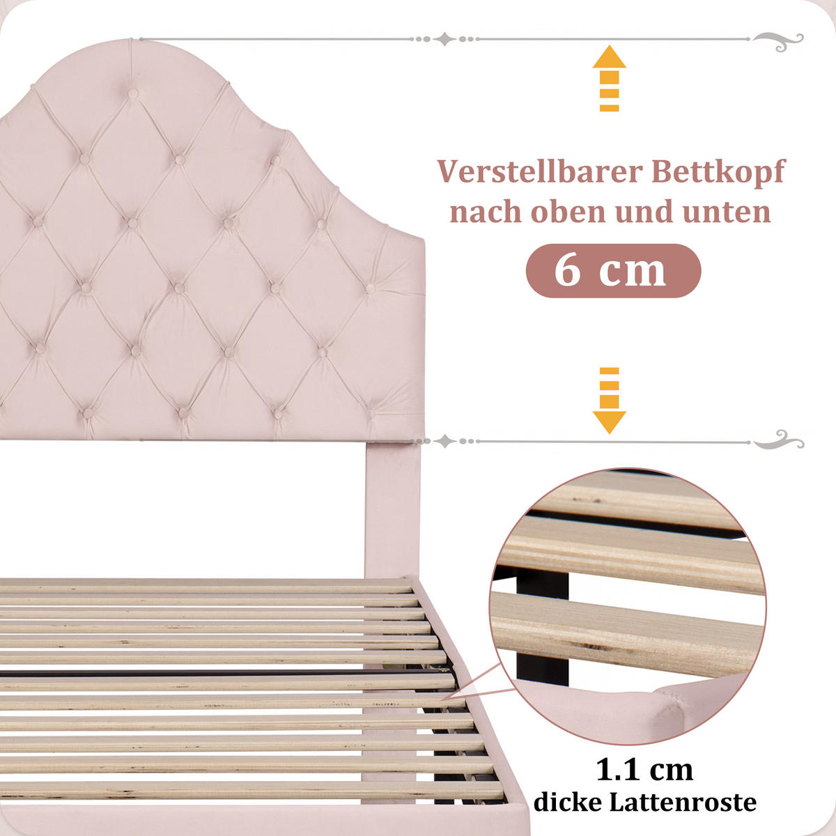 POLSTERBETT 90x200 Lattenrost Kopfteil Höhenverstellbar Samt Rosa - Pink, Textil (90/200cm) - FLIEKS