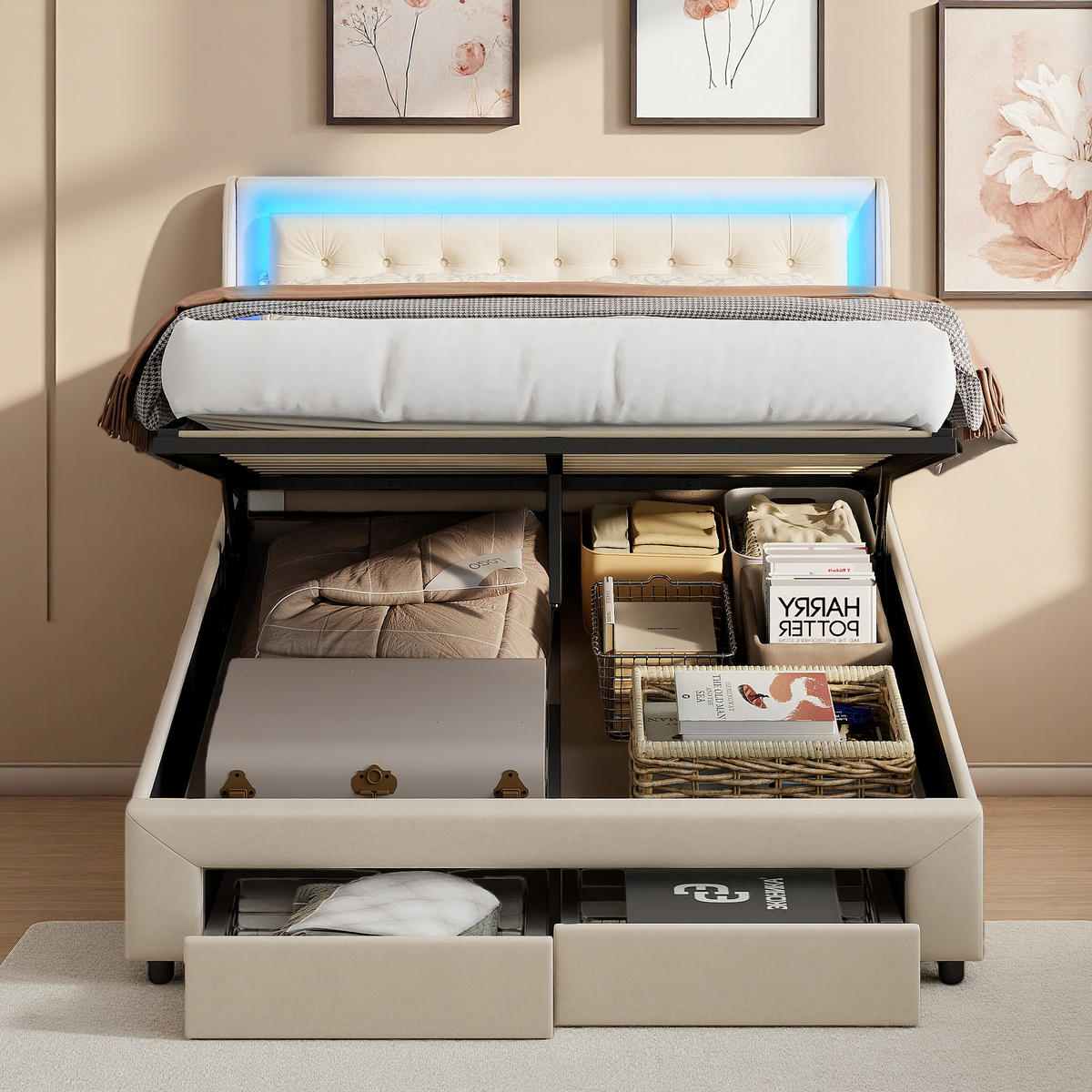 POLSTERBETT 140 x 190 cm, Doppelbett mit LED-Kopfteil, hydraulisches Bett mit 2 Schubladen, beige, Samt. - Beige, Holz (140/200cm) - WoodenAura