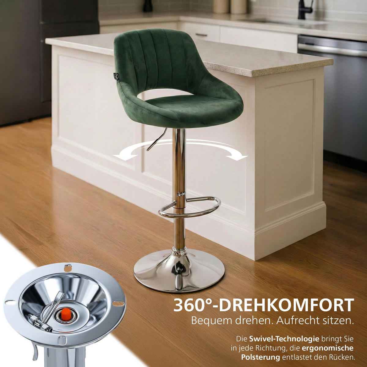 BARHOCKER Samt Grün - Chromfarben/Grün, Textil/Metall (47/85/48cm) - CLP