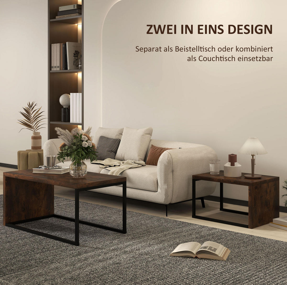 COUCHTISCH-SET 90/48/42 cm & 59/42/36 cm aus Holzwerkstoff mit Metallgestell - Braun, Holz (90/48/42cm) - Flora Grace