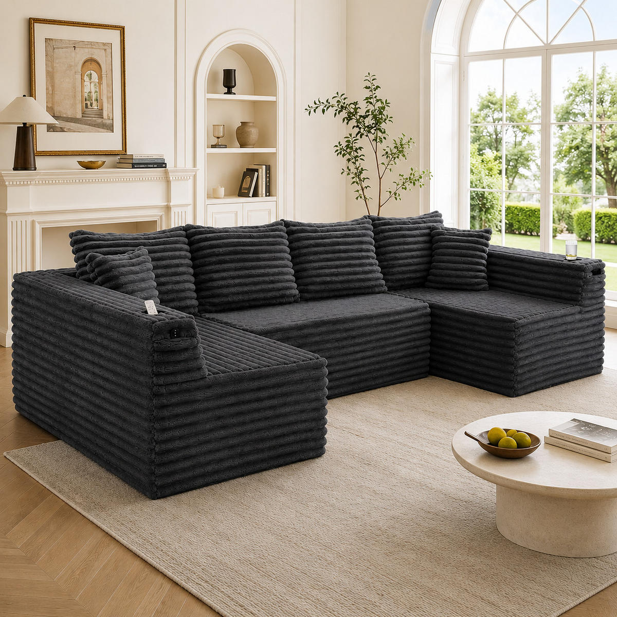 WOHNLANDSCHAFT Dunkelgrau 320/155/88 cm 6-Sitzer mit Getränkehaltern und Seitentaschen - Dunkelgrau, Textil (320/88/155cm) - PANGIVO
