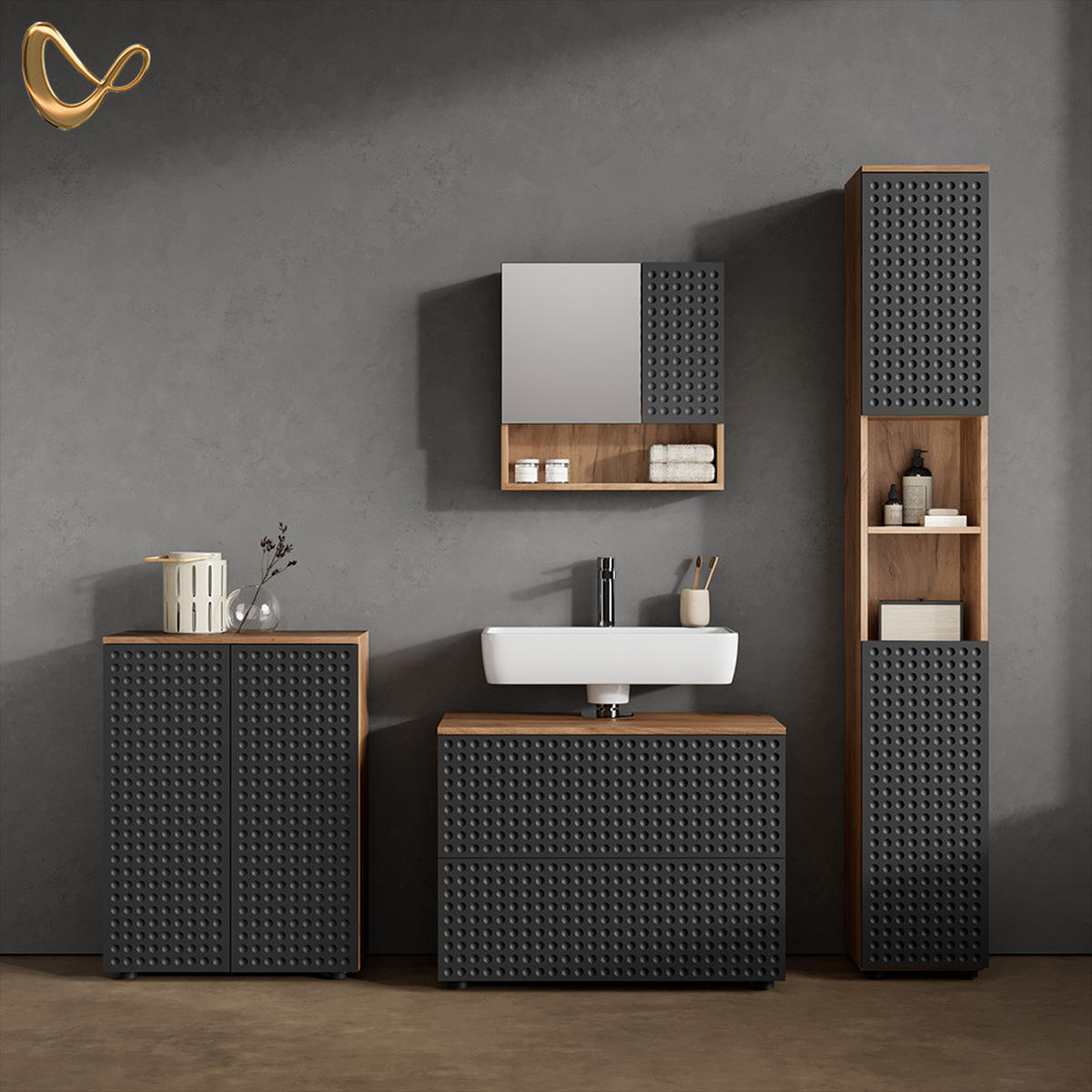BADMÖBEL-SET Ronco Anthrazit gepunktet 4 Teile, mit Schubladenschrank und Midischrank - Eichefarben/Anthrazit, Holzwerkstoff (80/58/41cm) - Livinity®