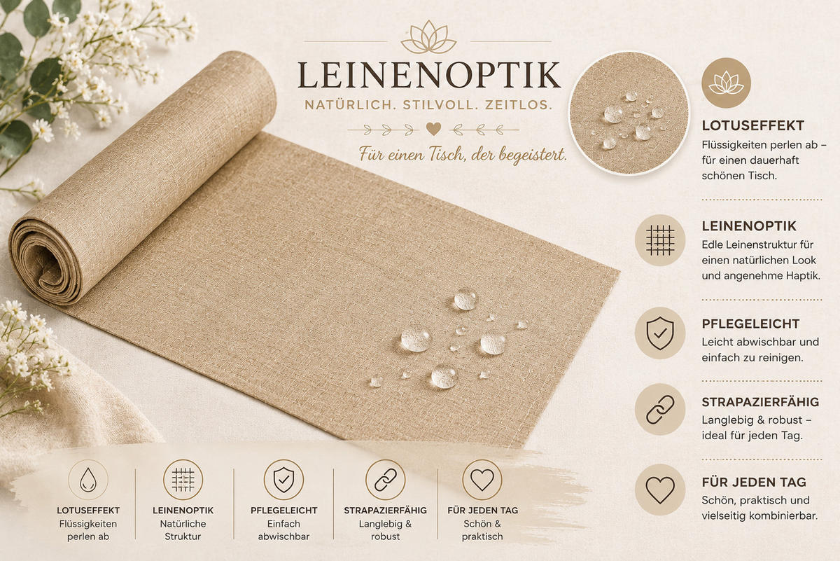 TISCHLÄUFER 40/100 cm Beige Natur Leinenoptik - Beige, Textil (40/100cm) - TiborTex