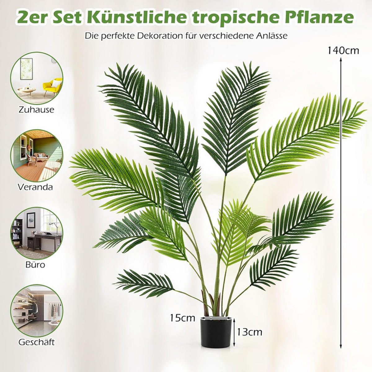 KÜNSTLICHE ARECA-PALME im Topf grün(2er-Set) - Grün, Kunststoff (140cm) - COSTWAY
