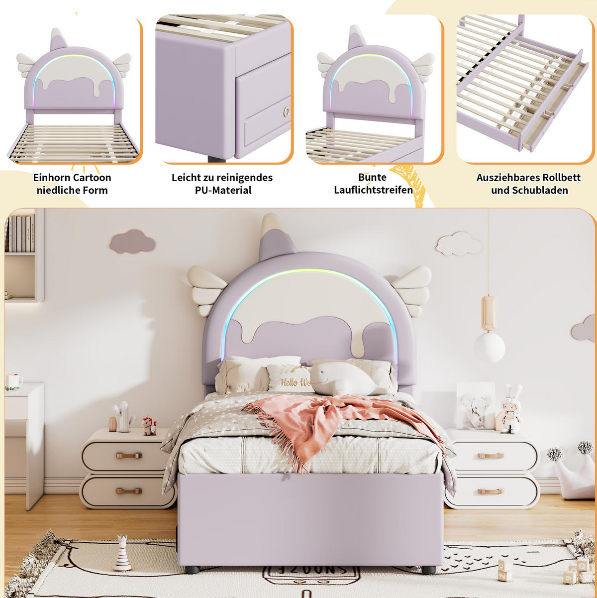 KINDERBETT 90/200 cm Violett aus PU mit Einhornform und Ausziehbett - Lila, Kunststoff (90/200cm) - OKMYHOME