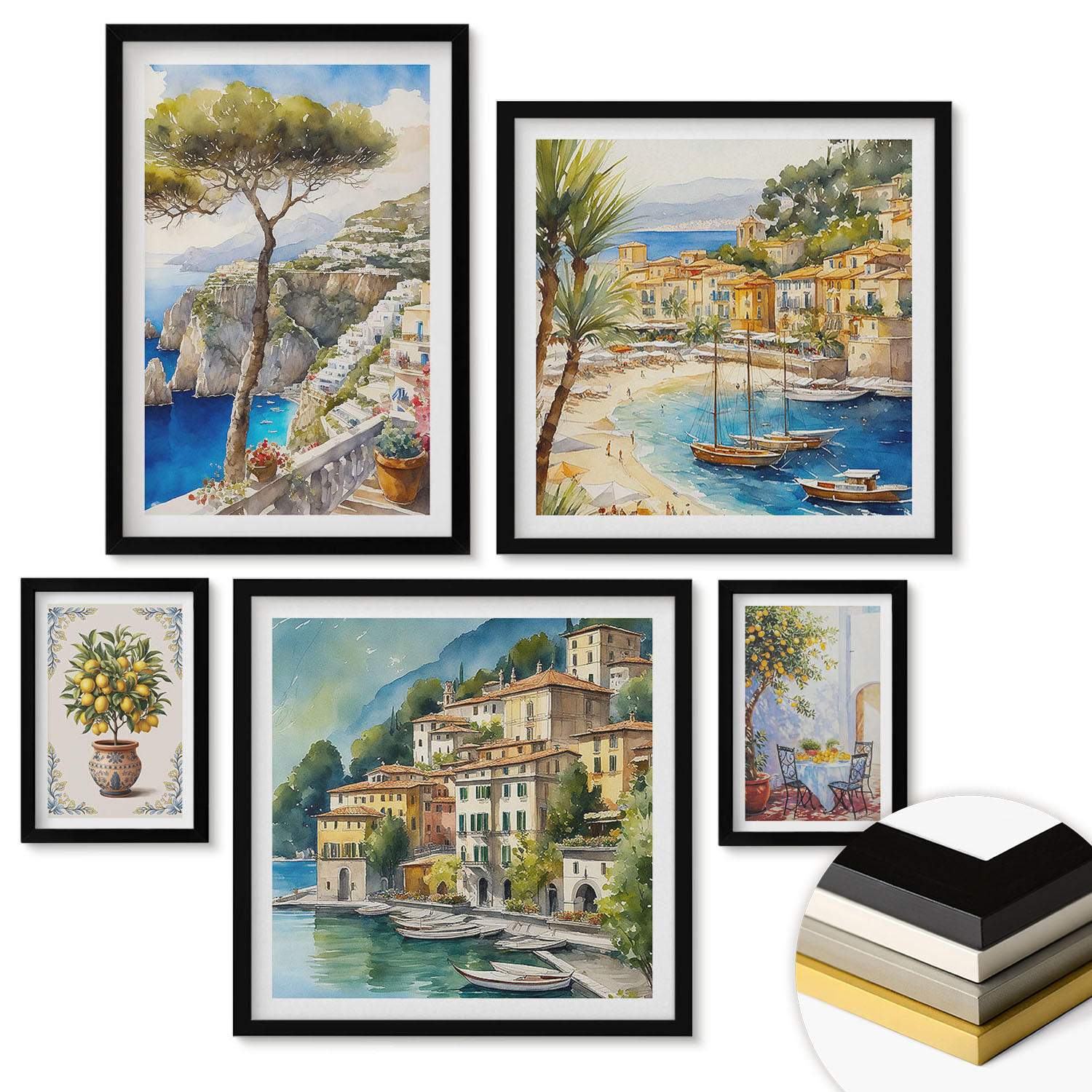 WANDBILDER 5er-Set - 50x50 cm & 20x30 cm & 40x60 cm Schwarzer Rahmen - Monochromatische Brückentürme - Schwarz, Kunststoff (40/60cm) - ArtPrintCave