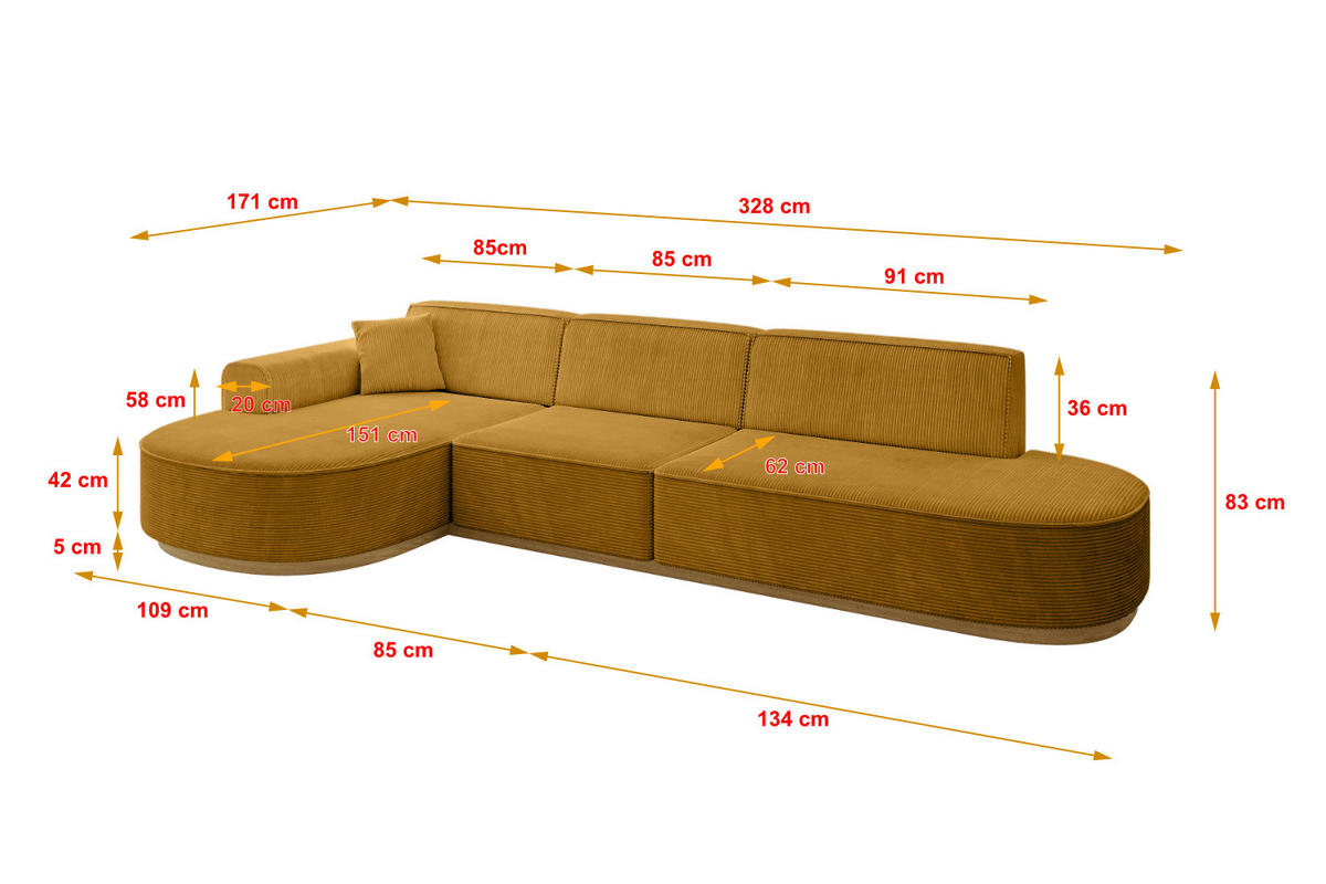 ECKSOFA Ottomane Links MARI-L2-v2 - 328x171x83 cm Senfgelb Cord - Gelb, Holzwerkstoff/Textil (328/171cm) - ALTDECOR