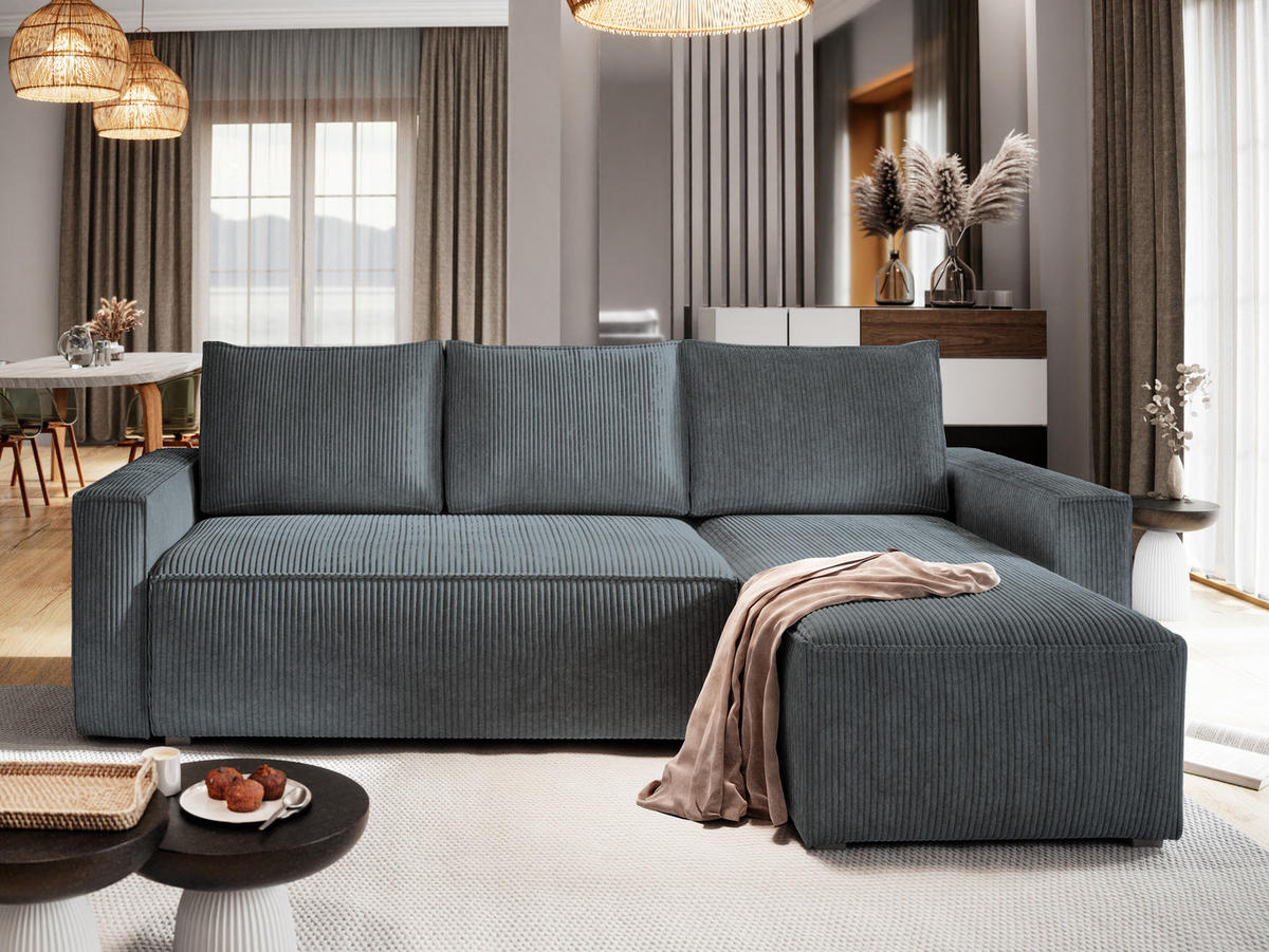 ECKSOFA POTARO Grau Kordstoff mit Schlaffunktion - Grau, Holz (232/140cm) - MASSENO