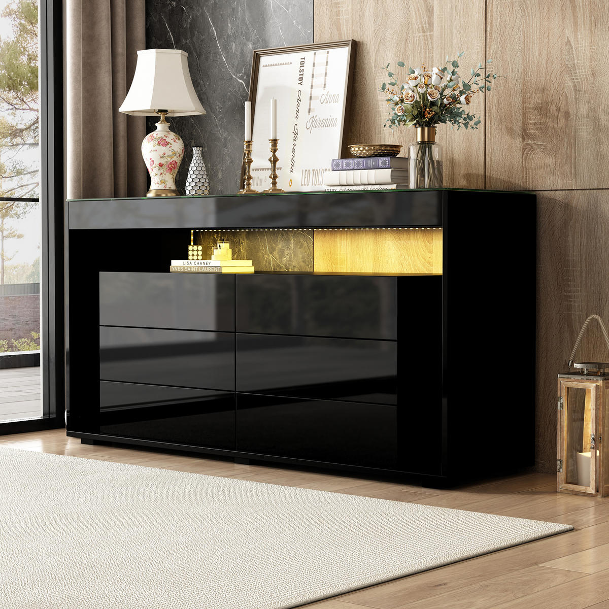 SIDEBOARD, 6 Schubladen, LED, Glasplatte, Hochglanz, Schwarz - Schwarz, Holzwerkstoff (40/70/140cm) - FLIEKS