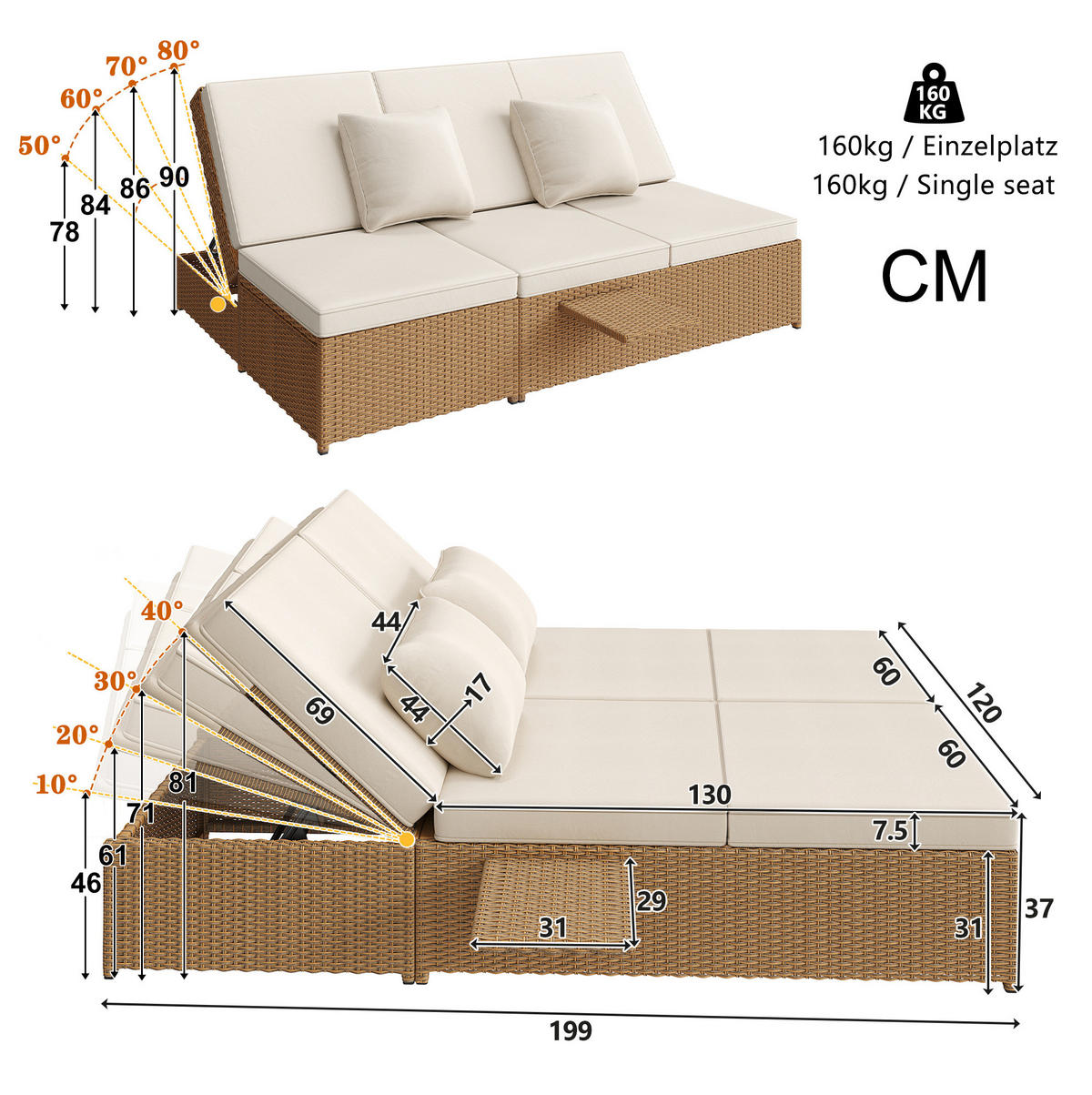 GARTENLIEGE aus Metall, PE-Rattan und Polyester 199x120x37 cm Weiß mit verstellbaren Rückenlehnen, Kissen und Beistelltisch - Weiß, Kunststoff (120/37/199cm) - Modfu