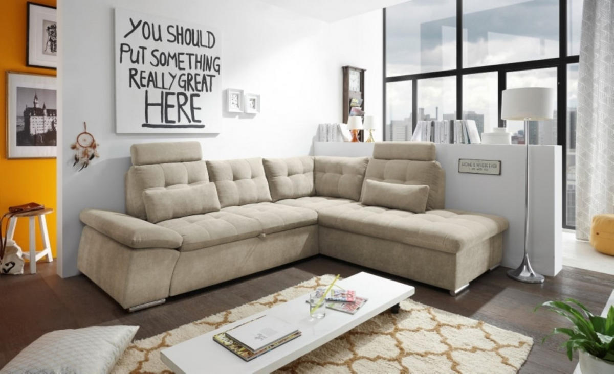 ECKSOFA mit Schlaffunktion, Bettkasten und verstellbarer Armlehne - Chromfarben/Beige, Textil (219/260cm) - ed exciting design