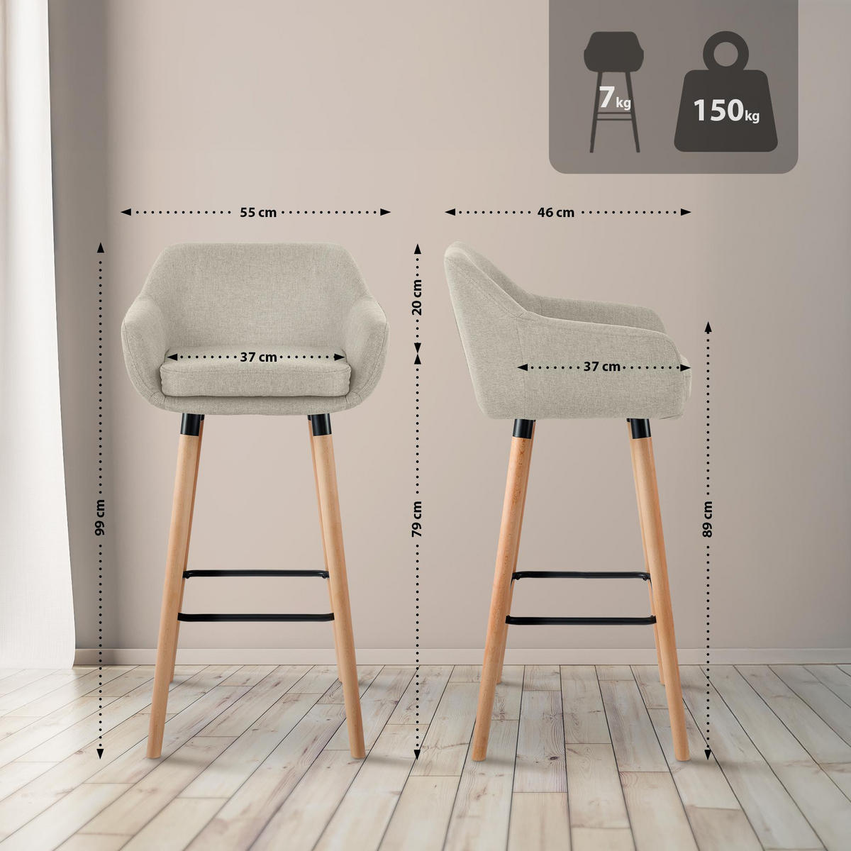 BARHOCKER 2er Set Stoff Creme - Eukalyptusholzfarben/Creme, Holz/Textil (55/99/46cm) - CLP