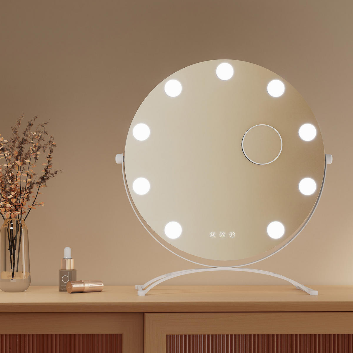 KOSMETIKSPIEGEL Rund mit Beleuchtung, Weiß, Ø40 cm - Weiß, Glas (40/16/40cm) - EMKE