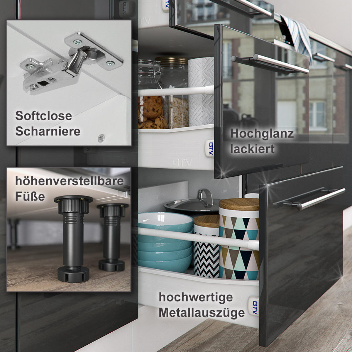 KÜCHENZEILE Fame-Line Anthrazit 300 cm ohne AP - Schwarz Hochglanz/Anthrazit, Holzwerkstoff (300/81.6/46cm) - Vicco