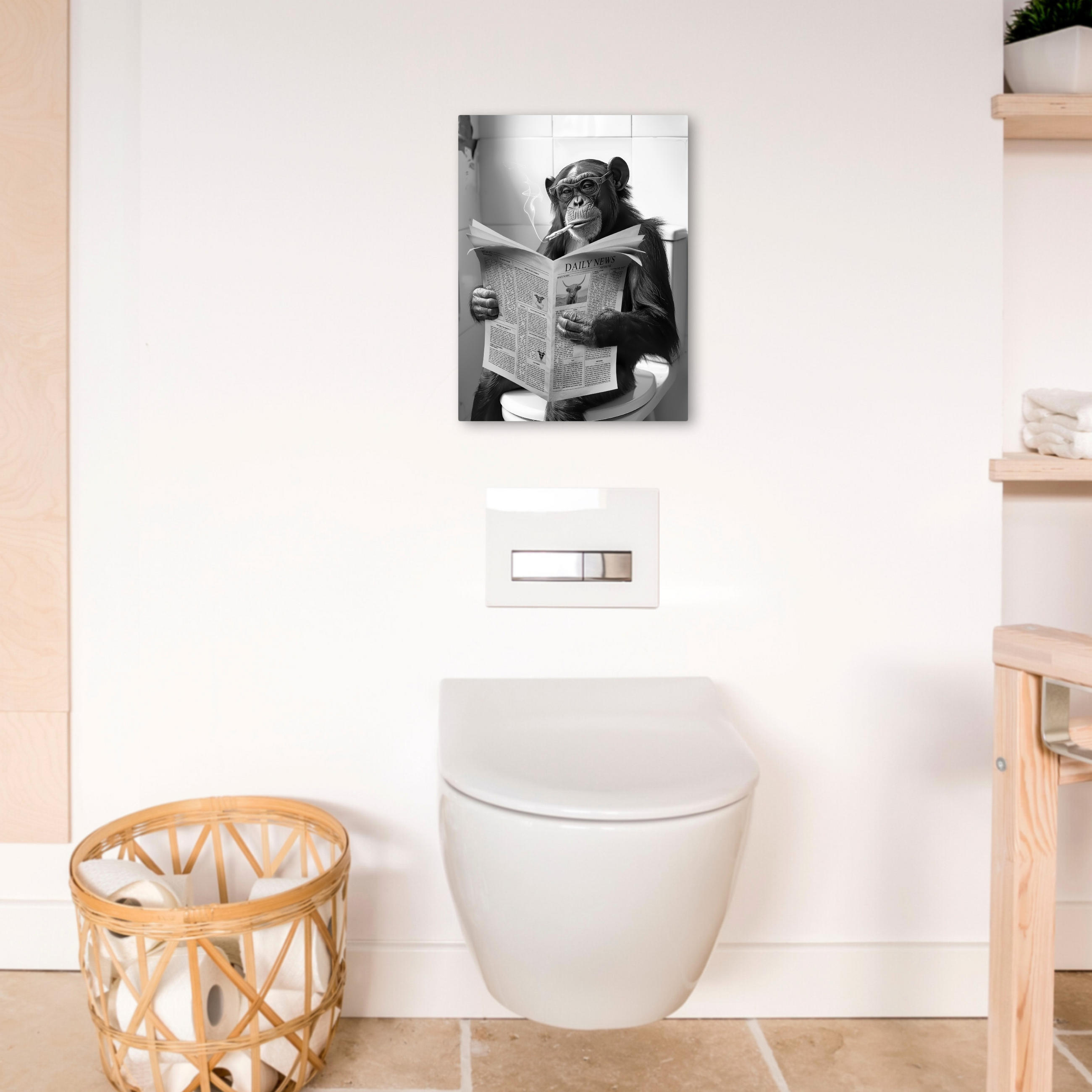 LEINWANDBILD Affe - WC - Zeitung - Schwarz-Weiß - Humor 30x40 cm - Hellgrau, Textil (30/40cm) - MuchoWow