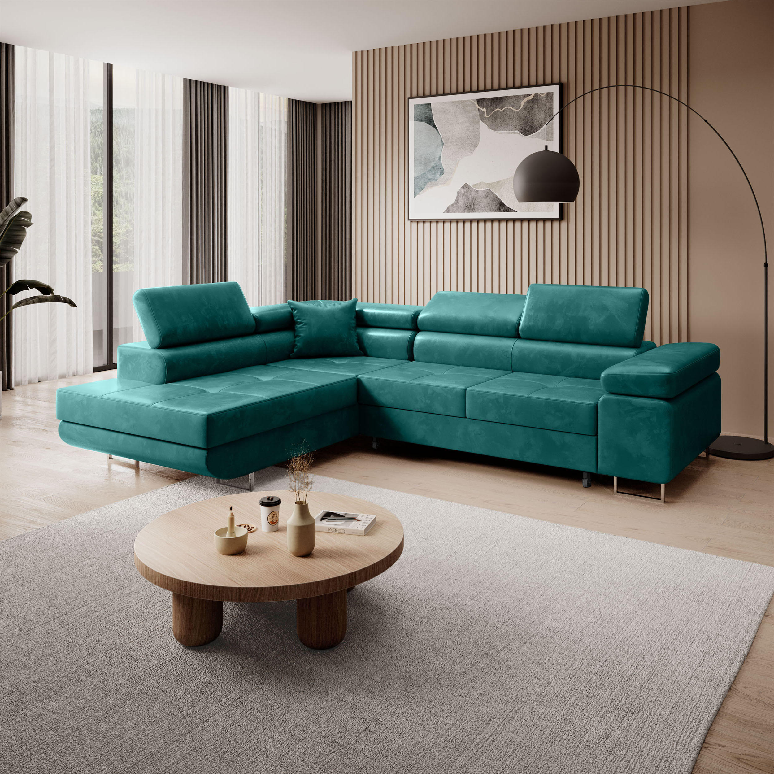 ECKSCHLAFSOFA Vild verstellbaren Kopfstützen, Dunkelgrün, links - Chromfarben/Dunkelgrün, Textil (275/203cm) - Beautysofa