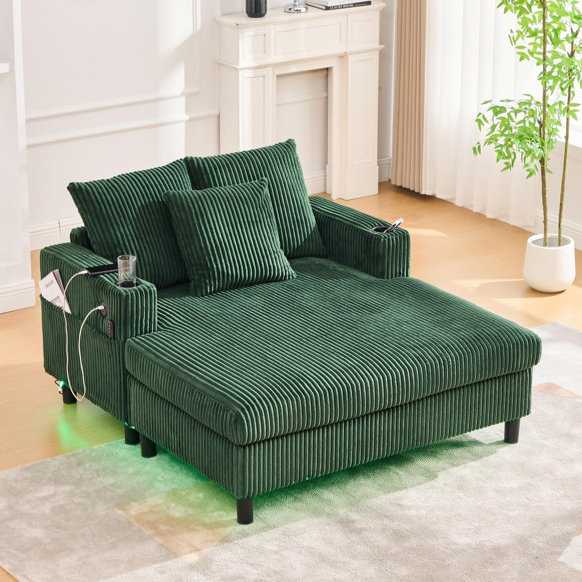 RELAXLIEGE XXL Polsterliege,Relaxsessel,3 Zierkissen,Cord,Grün - Grün, Textil (128/85/142cm) - LVHOM